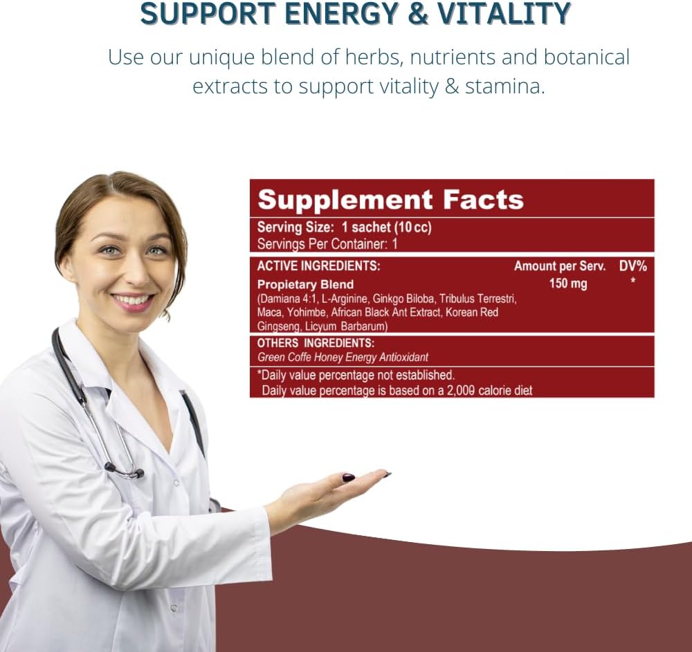 Zelux Energy Boost Supplement Box - Natural Stamina & Performance Support - Contains Damiana, Tribulus Terrestris, Ginkgo Biloba, Maca, & Korean Red Ginseng - 8 Sachets