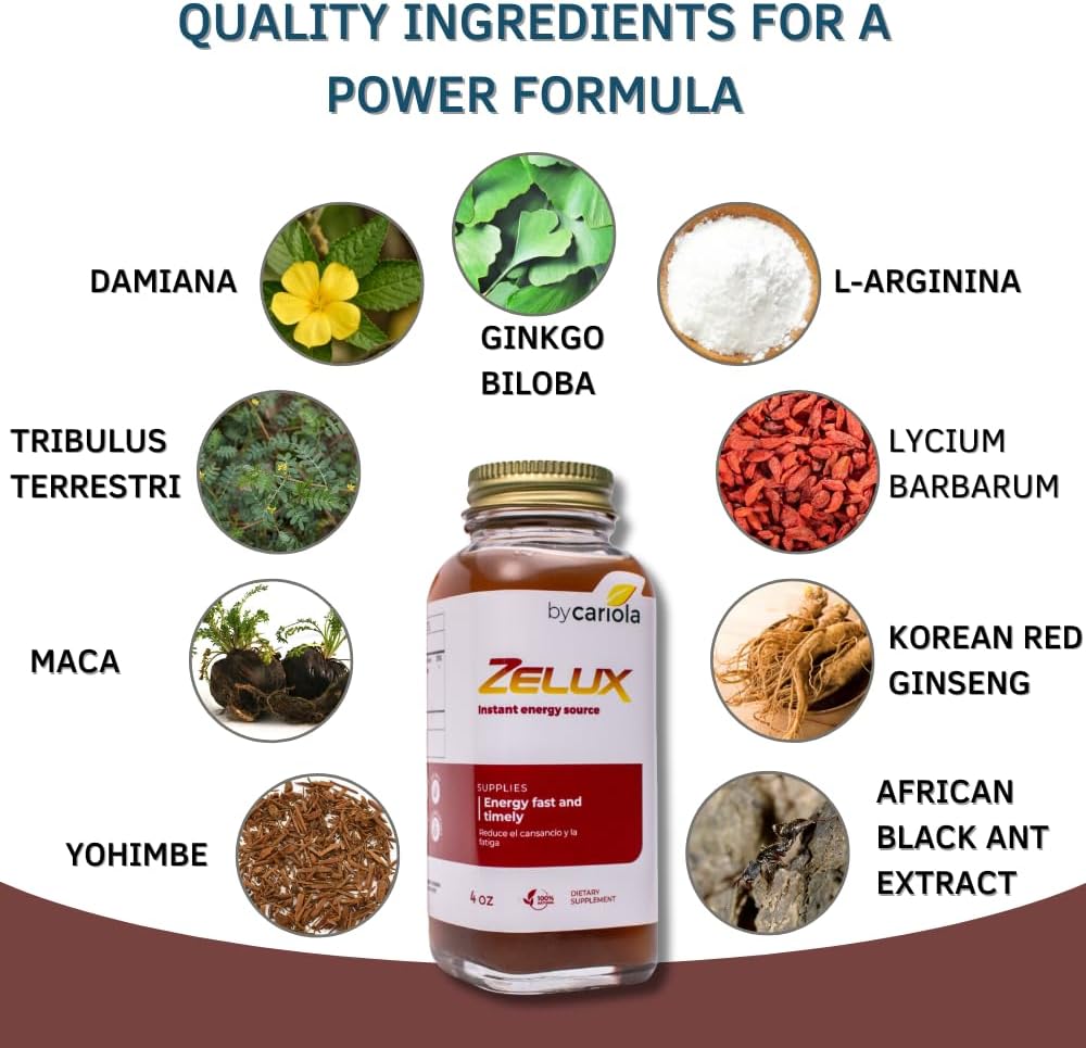 Zelux Supplement for Men - Natural Energy Booster with Damiana, Tribulus, Ginkgo, Maca - Enhance Stamina and Endurance - 4 oz Bottle