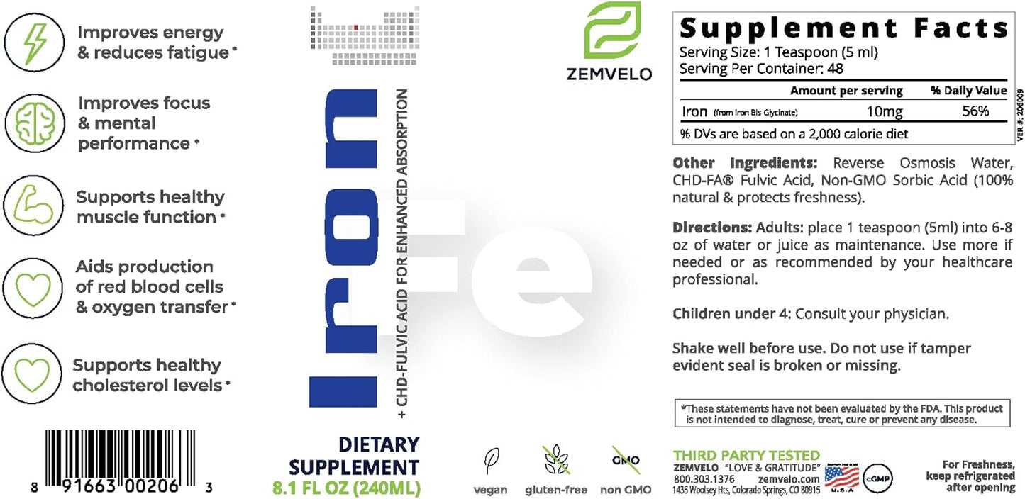 Zemvelo Liquid Ionic Iron Supplement for Iron Deficiency, Hormone & Energy Support, Healthy Muscles - 200 characters