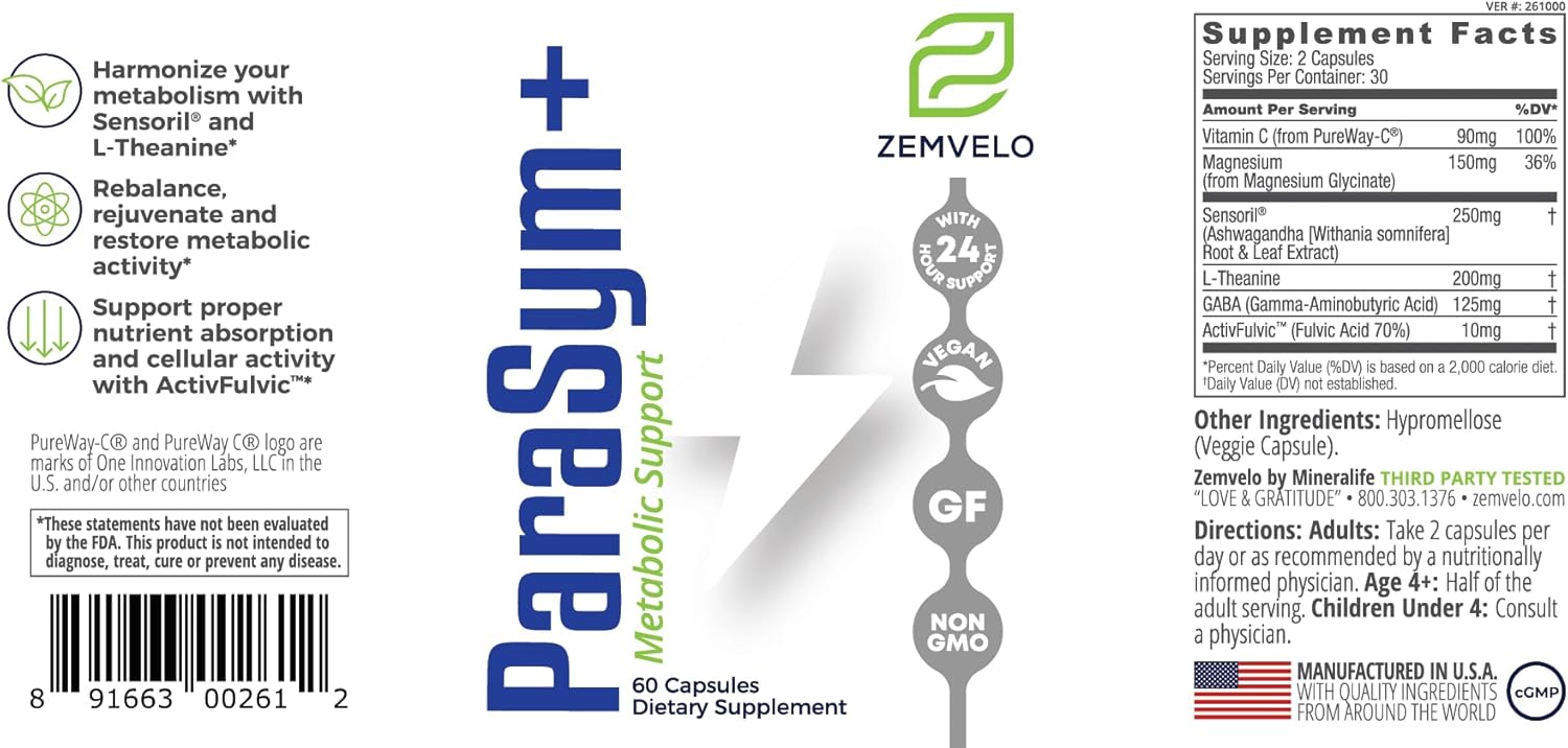 Zemvelo ParaSym+ - Boosts Metabolism, Sleep, Cognitive Function, & Nervous System | 30 Day Supply