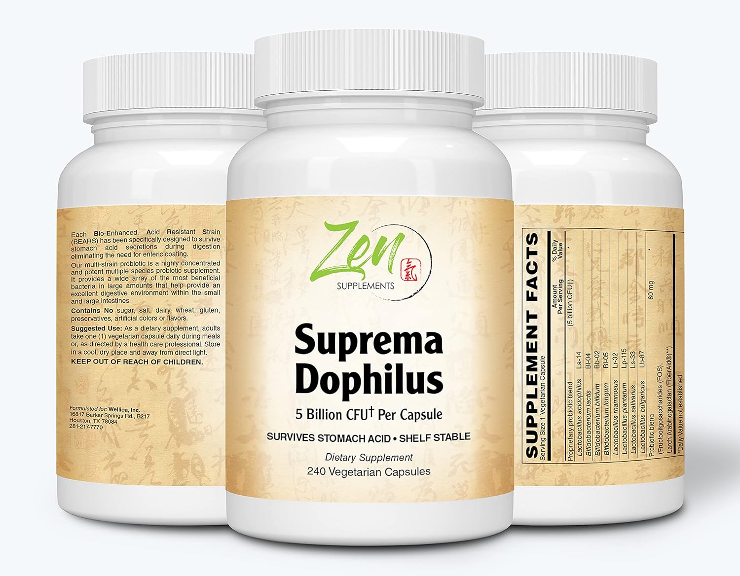 Zen Supplements Suprema-Dophilus Probiotic - 5 Billion CFU, 8 Strains, Shelf Stable & Acid Resistant, 240 Capsules - Supports GI & Immune Health