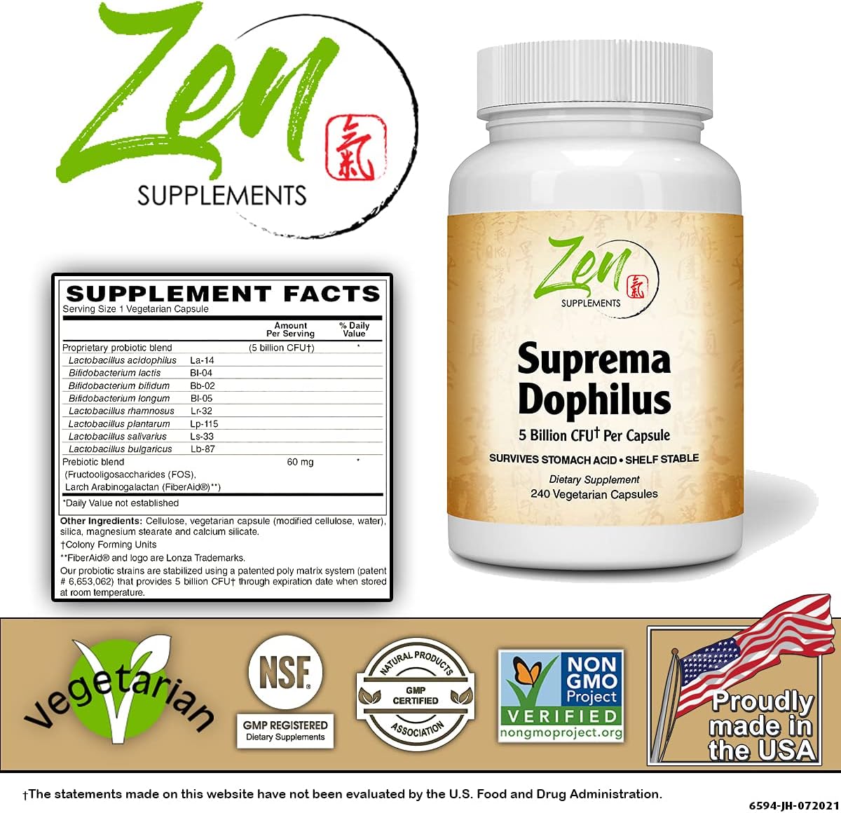 Zen Supplements Suprema-Dophilus Probiotic - 5 Billion CFU, 8 Strains, Shelf Stable & Acid Resistant, 240 Capsules - Supports GI & Immune Health