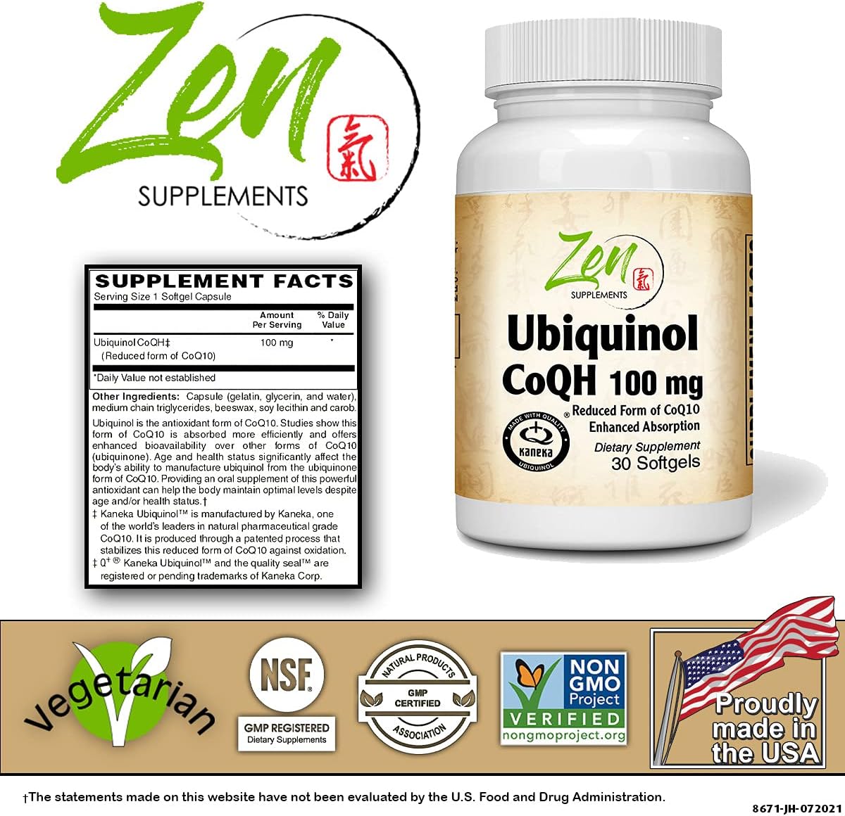 Zen Supplements Ubiquinol CoQ10 100mg Softgels - 30 Count