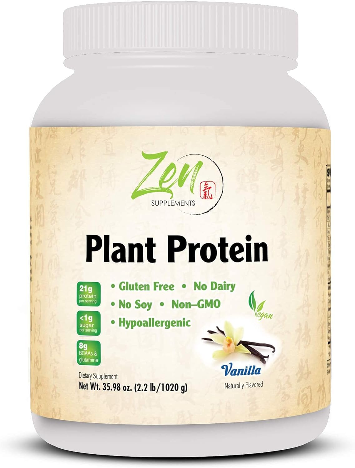 Zen Supplements Vanilla Plant Protein Powder - 2.2LB (1020G) - Vegan, Low Net Carbs, Gluten Free - 25g Protein Per Serving