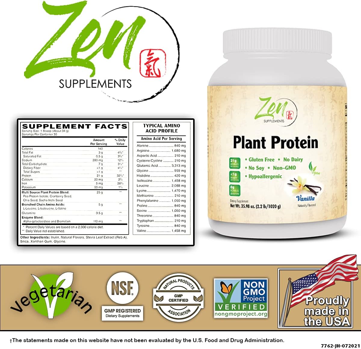 Zen Supplements Vanilla Plant Protein Powder - 2.2LB (1020G) - Vegan, Low Net Carbs, Gluten Free - 25g Protein Per Serving