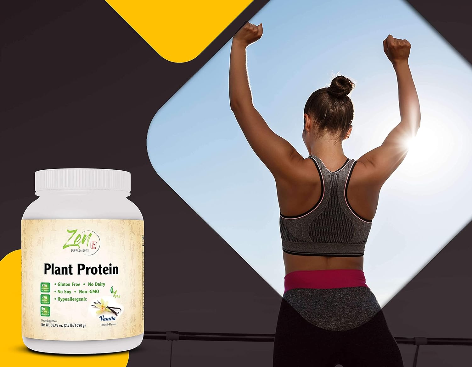 Zen Supplements Vanilla Plant Protein Powder - 2.2LB (1020G) - Vegan, Low Net Carbs, Gluten Free - 25g Protein Per Serving