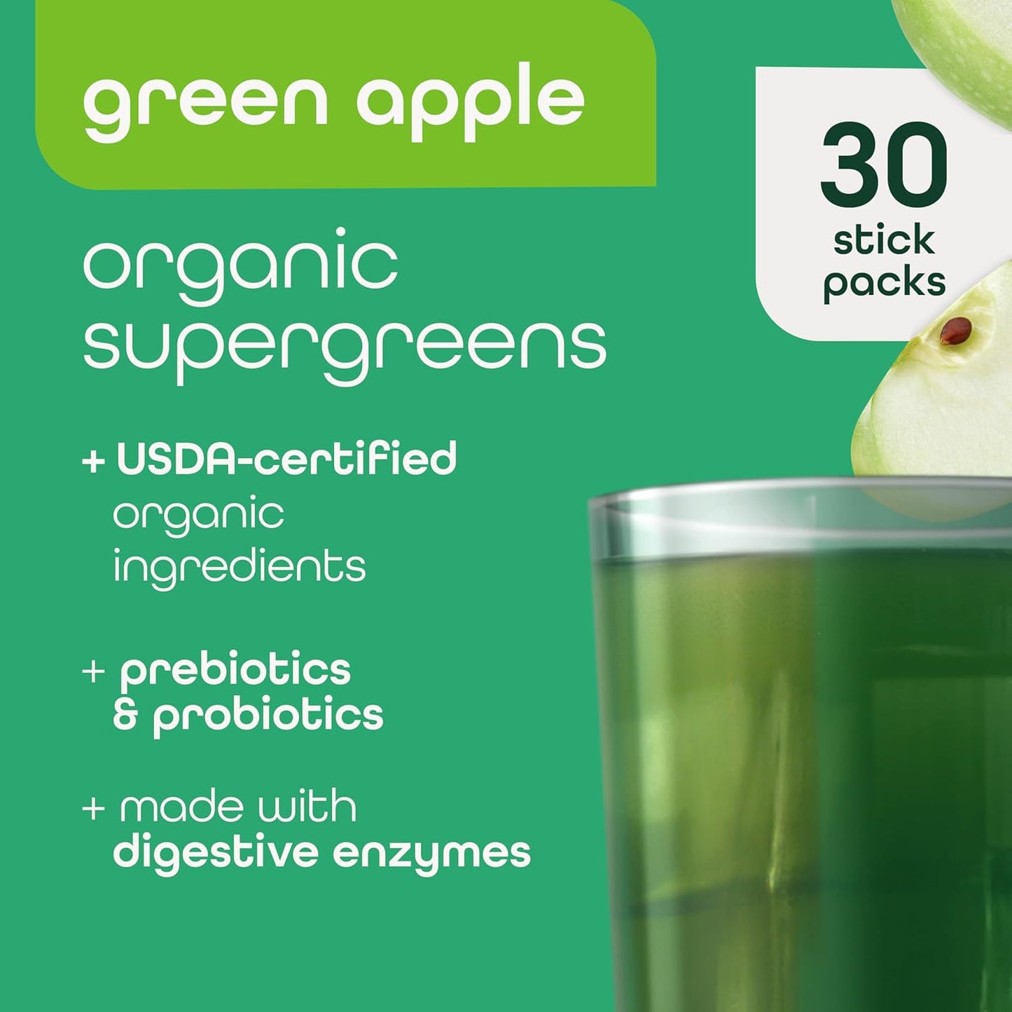 Zena Fit Nutrition Organic Super Greens Powder - 70+ Superfoods, Antioxidants, Pre & Probiotics, Digestive Enzymes - Green Apple Flavor, 30 Packets