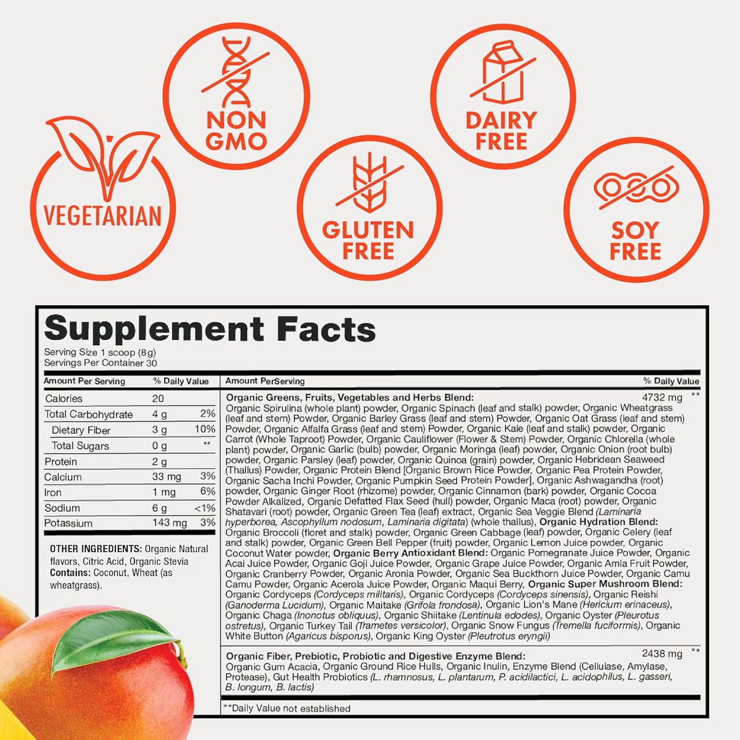 Zena Fit Nutrition Organic Super Greens Powder - 70+ Superfoods Drink Mix with Antioxidants, Pre & Probiotics, Digestive Enzymes - 0 Sugar, 3G Fiber - Mango Flavor - 30 Servings