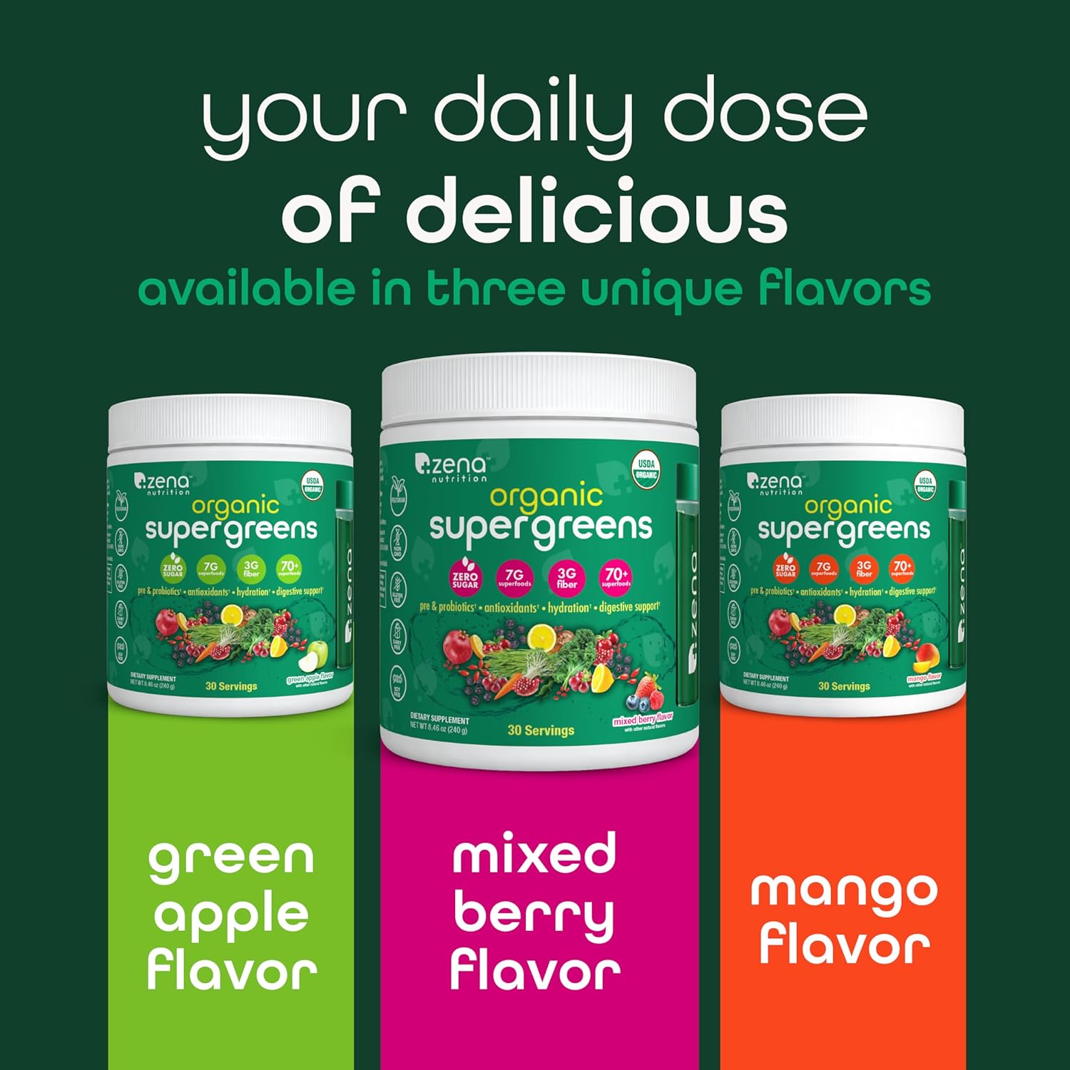 Zena Fit Nutrition Organic Super Greens Powder - 70+ Superfoods Drink Mix with Antioxidants, Pre & Probiotics, Digestive Enzymes - 0 Sugar, 3G Fiber - Mango Flavor - 30 Servings