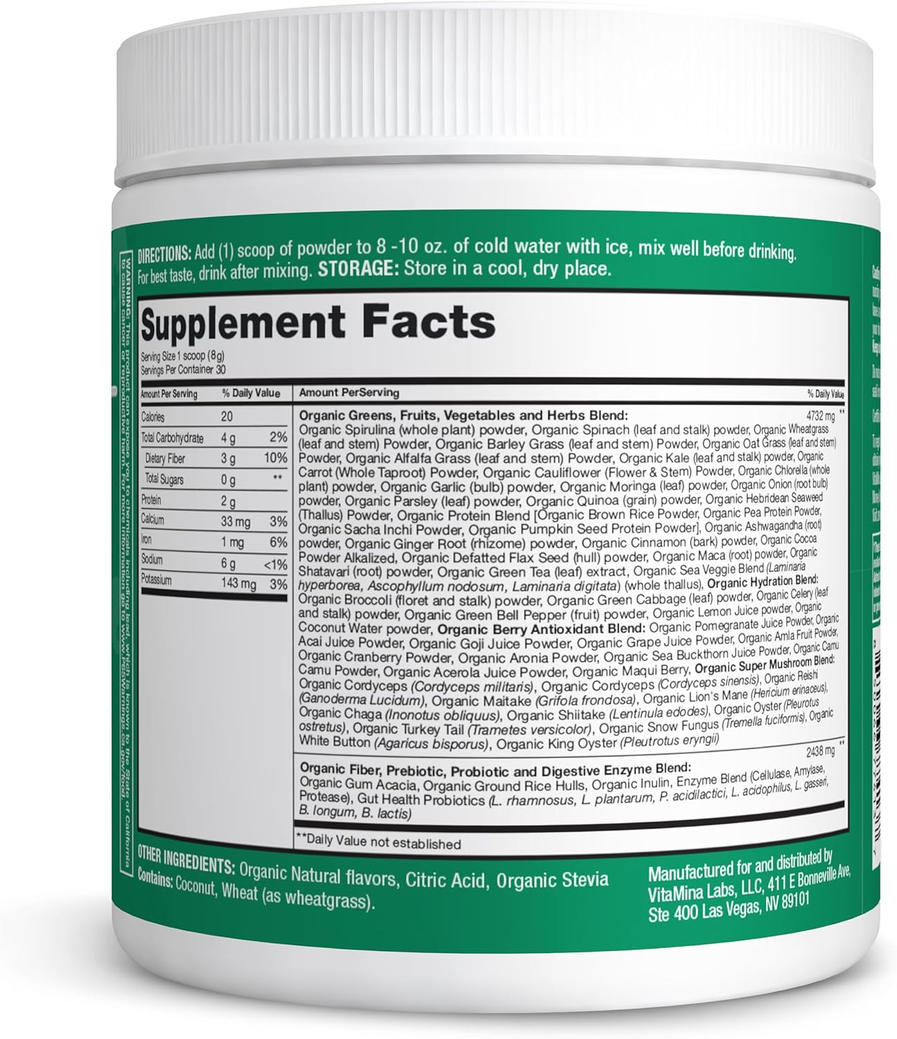 Zena Fit Nutrition Organic Super Greens Powder - 70+ Superfoods Drink Mix with Antioxidants, Pre & Probiotics, Digestive Enzymes - 0 Sugar, 3G Fiber - Mango Flavor - 30 Servings