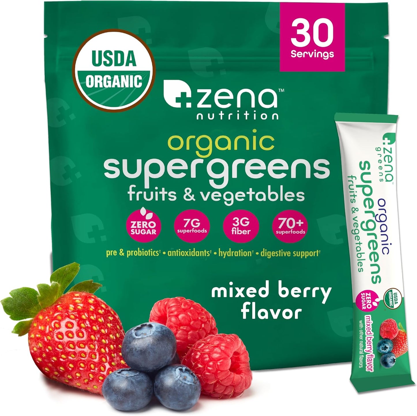 Zena Fit Nutrition Super Greens Powder with 70+ Superfoods, 0 Sugar, Antioxidants, and Probiotics - Mixed Berry Flavor, 30 Packets