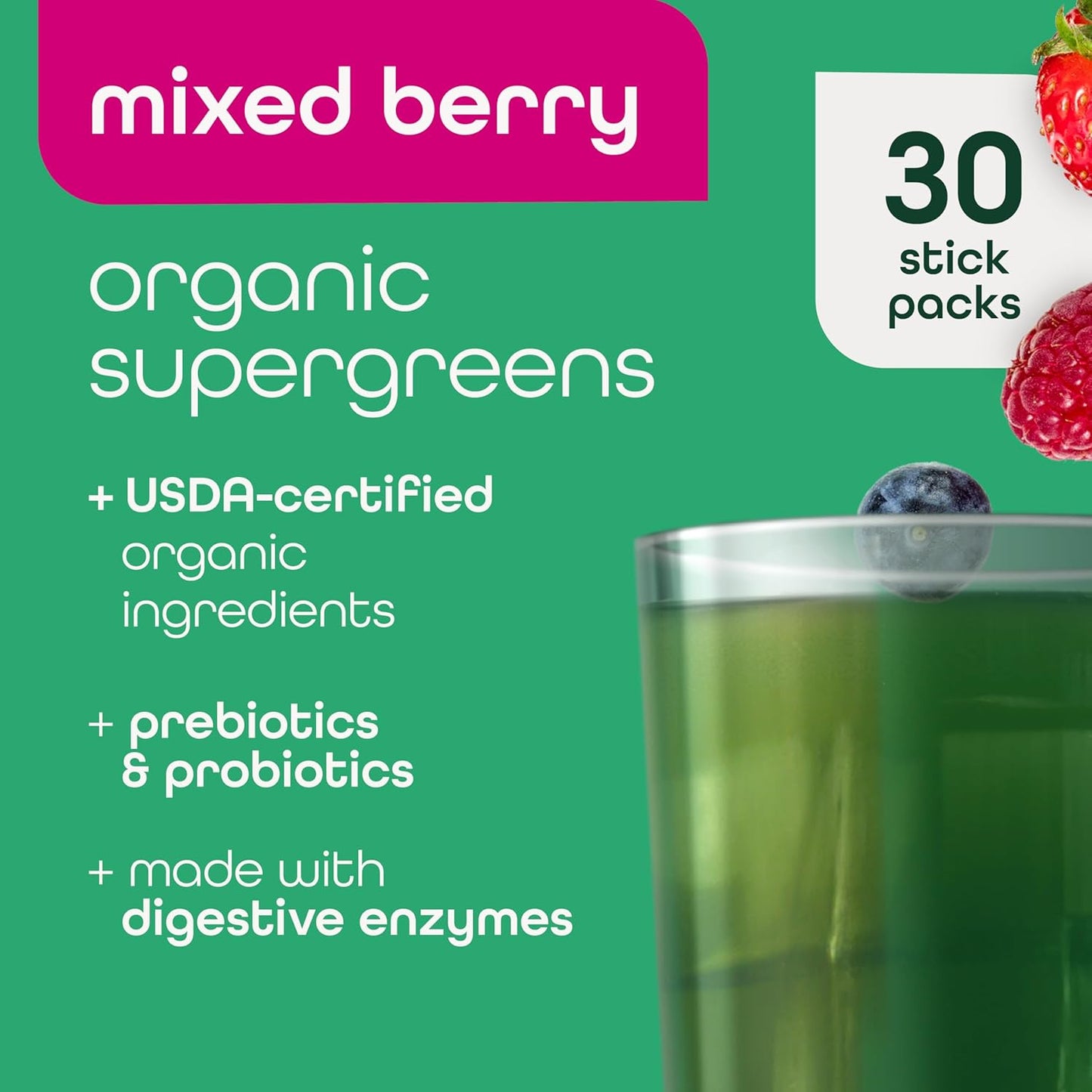 Zena Fit Nutrition Super Greens Powder with 70+ Superfoods, 0 Sugar, Antioxidants, and Probiotics - Mixed Berry Flavor, 30 Packets