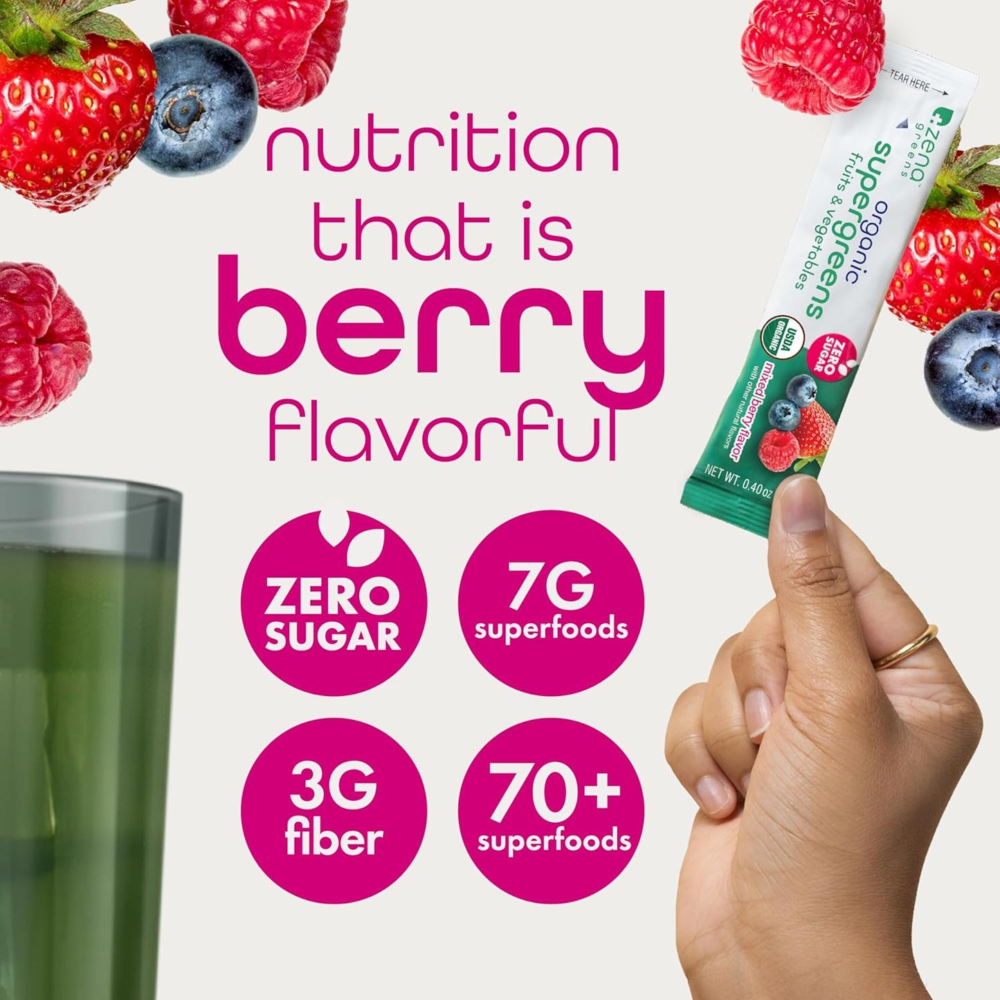 Zena Fit Nutrition Super Greens Powder with 70+ Superfoods, 0 Sugar, Antioxidants, and Probiotics - Mixed Berry Flavor, 30 Packets