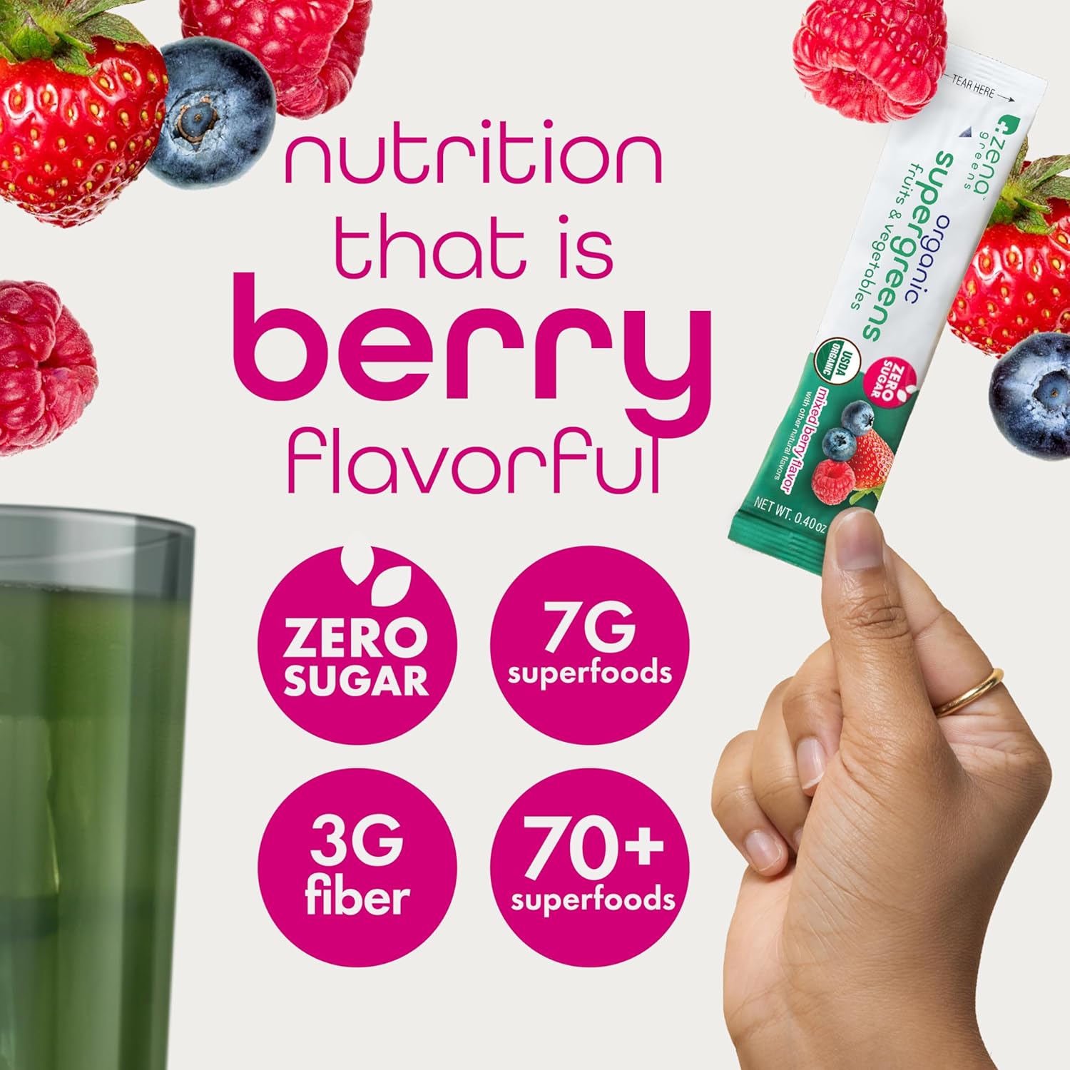 Zena Fit Nutrition Super Greens Powder with 70+ Superfoods, 0 Sugar, Antioxidants, and Probiotics - Mixed Berry Flavor, 30 Packets