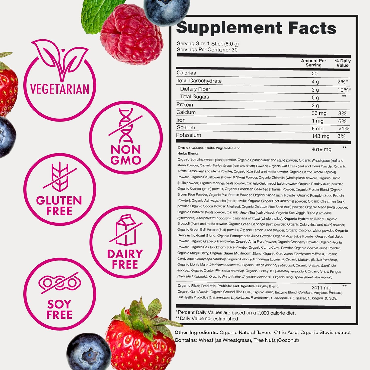 Zena Fit Nutrition Super Greens Powder with 70+ Superfoods, 0 Sugar, Antioxidants, and Probiotics - Mixed Berry Flavor, 30 Packets