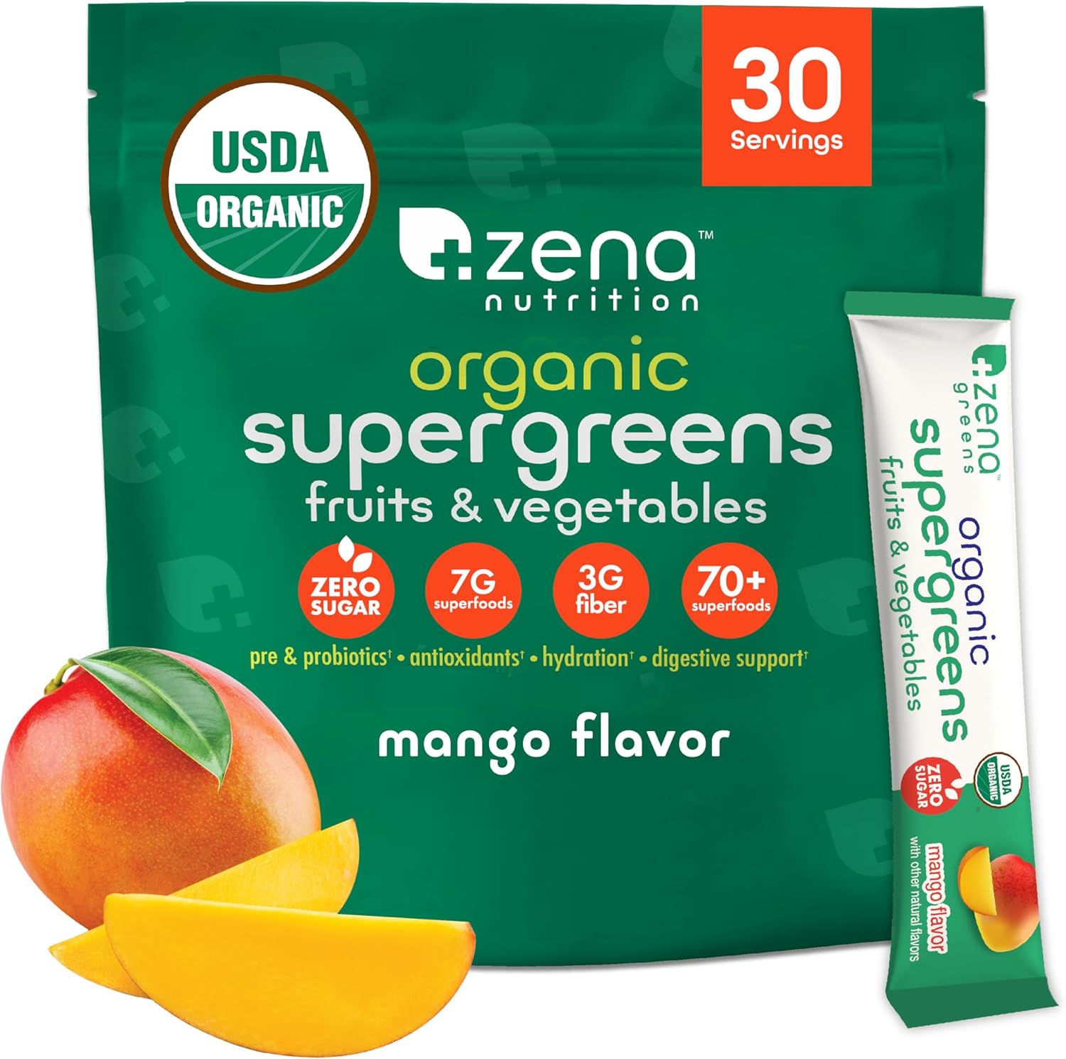 Zena Fit Organic Super Greens Powder with 70+ Superfoods, Antioxidants, Pre & Probiotics, Mango Flavor - 30 Packets