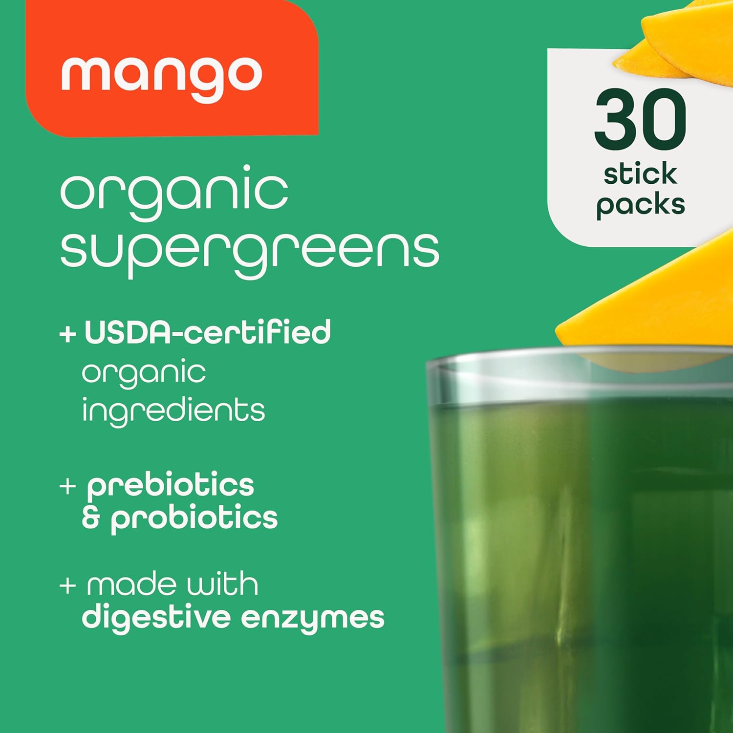 Zena Fit Organic Super Greens Powder with 70+ Superfoods, Antioxidants, Pre & Probiotics, Mango Flavor - 30 Packets