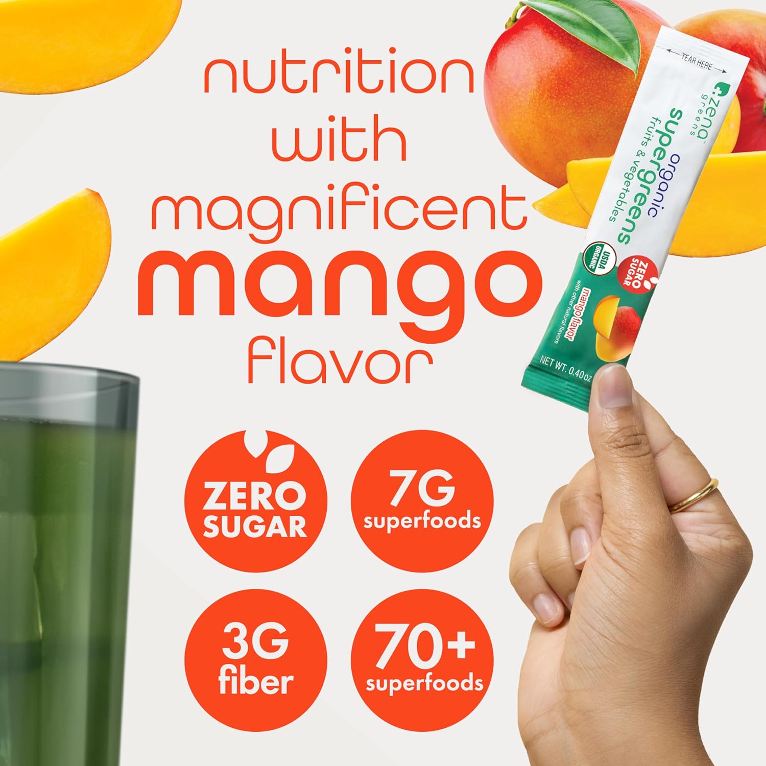 Zena Fit Organic Super Greens Powder with 70+ Superfoods, Antioxidants, Pre & Probiotics, Mango Flavor - 30 Packets