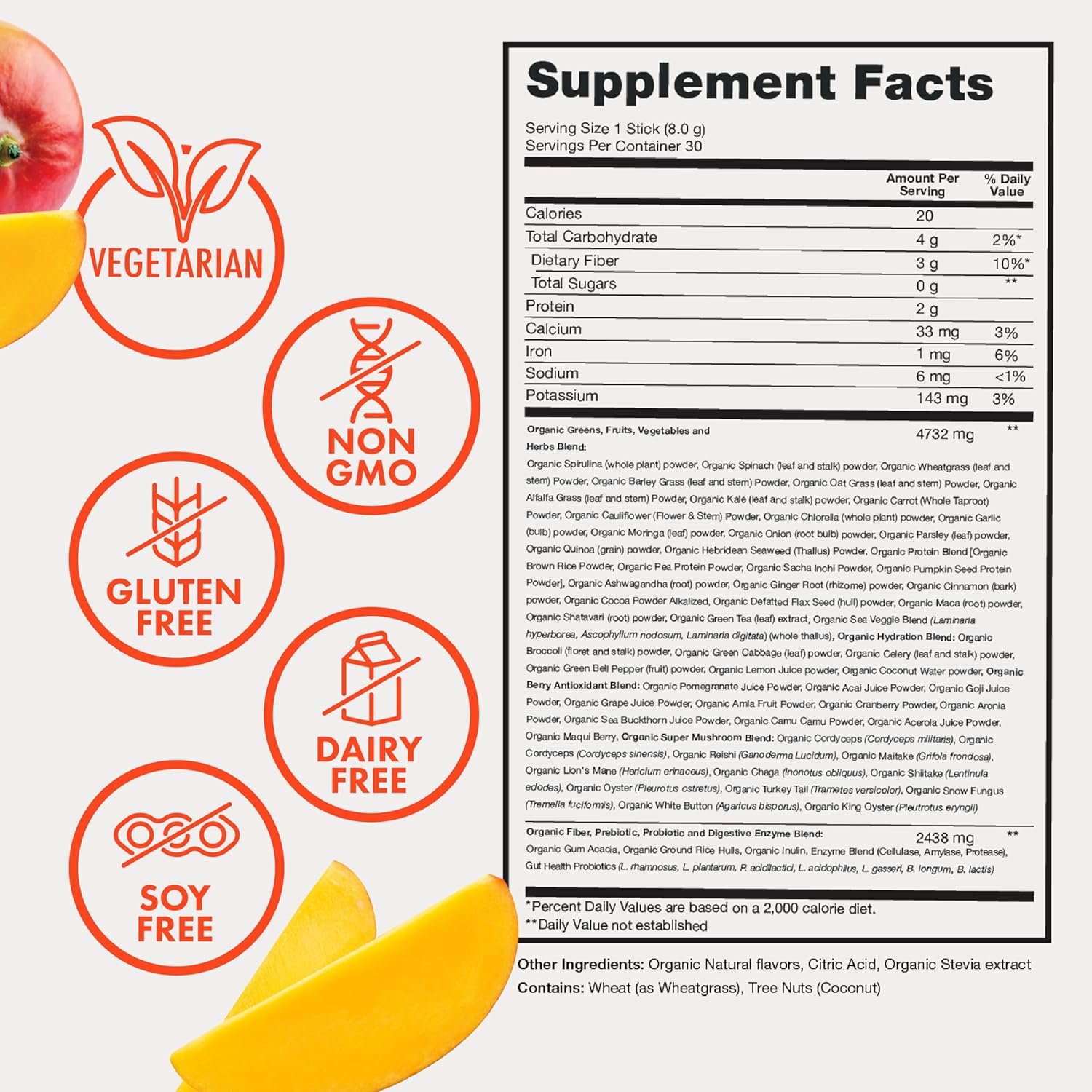 Zena Fit Organic Super Greens Powder with 70+ Superfoods, Antioxidants, Pre & Probiotics, Mango Flavor - 30 Packets