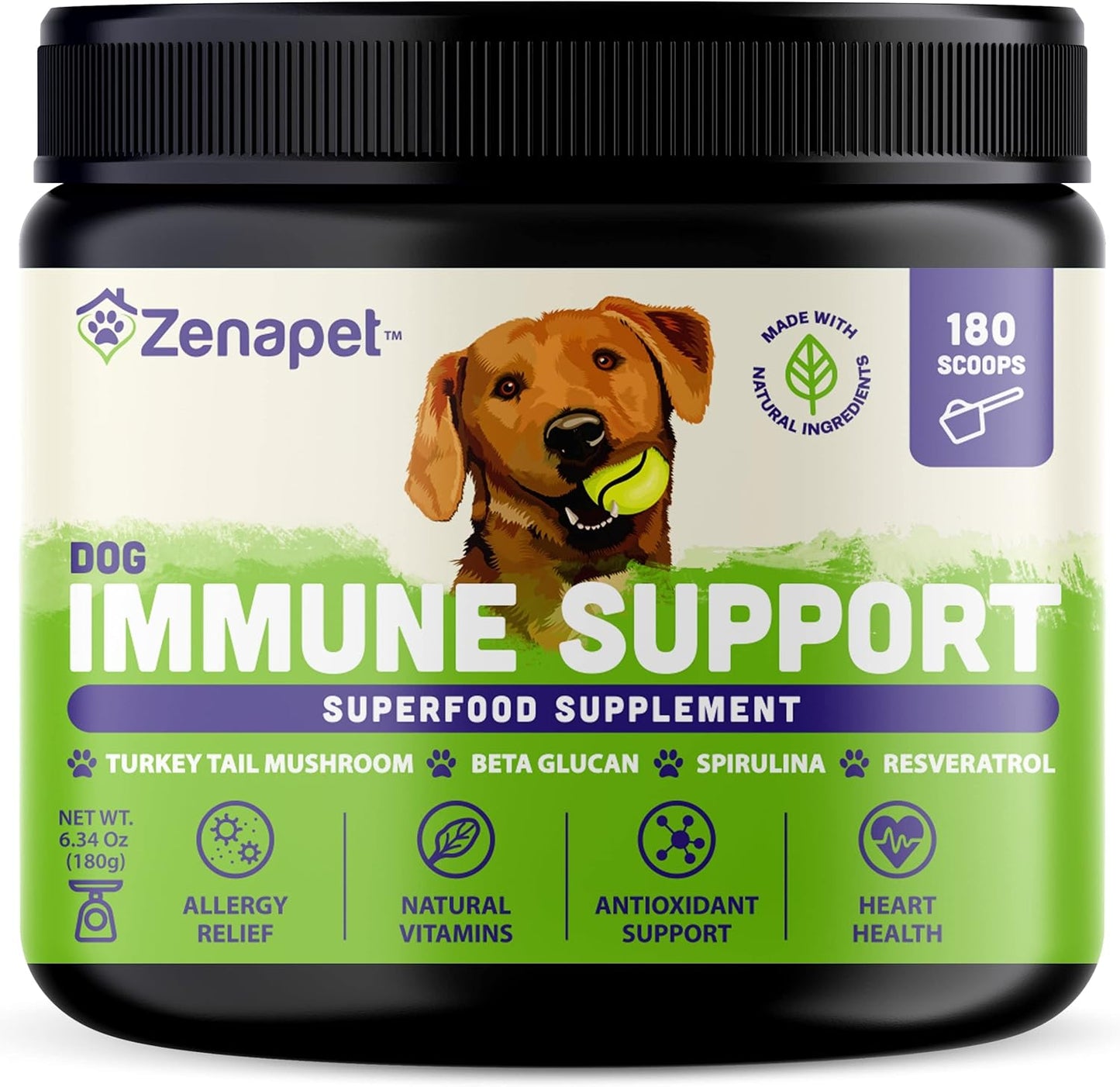 ZENAPET Allergy Immune Support Supplement for Dogs - Superfood with Turkey Tail Mushroom, Prebiotics for Gut Health - Itchy Skin, Seasonal Allergies & Yeast Relief - Small to Large Breeds