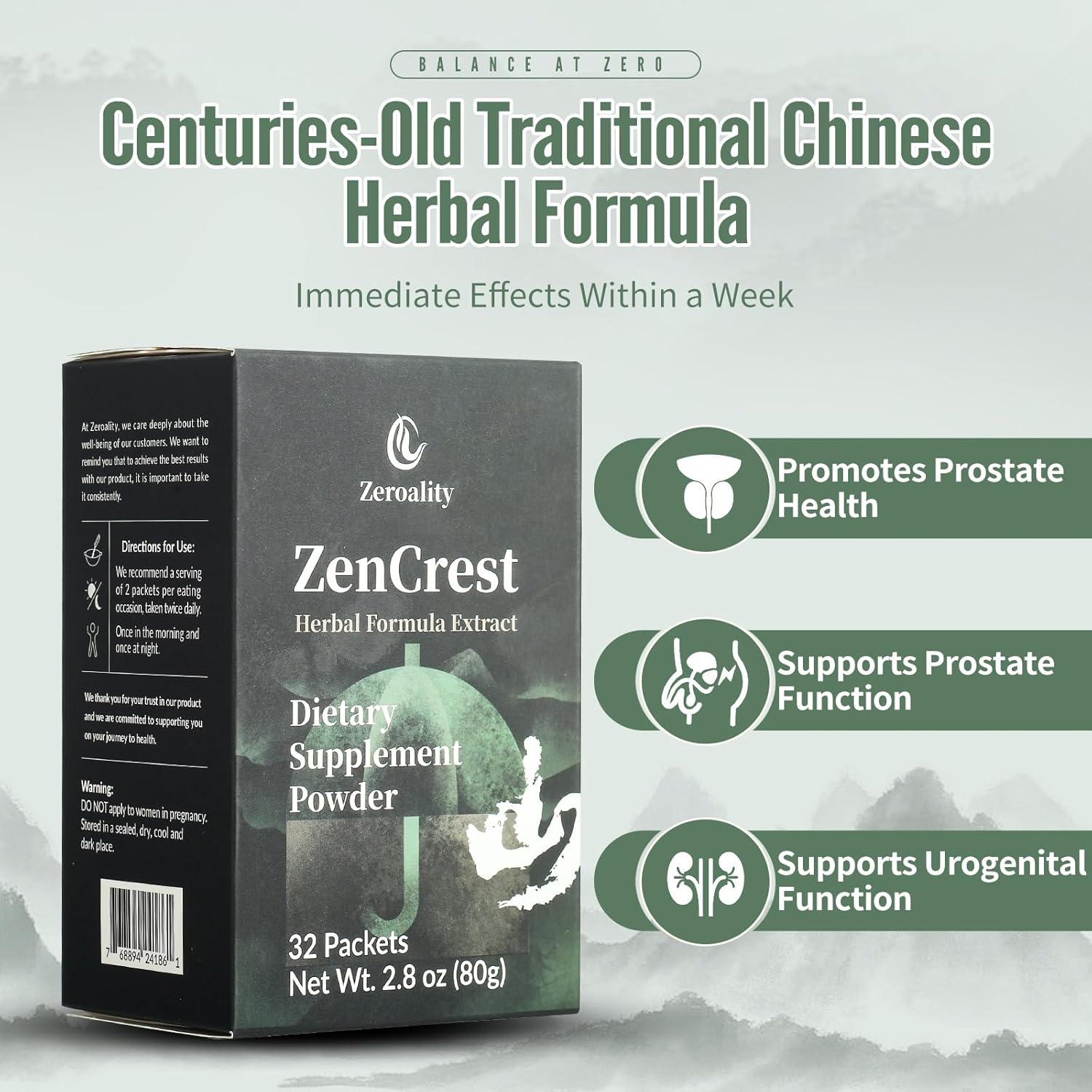 ZenCrest Prostate Supplement: Natural Chinese Herbal Formula, Promotes Healthy Prostate & Urogenital Function, Side Effect-Free (32 Packets)