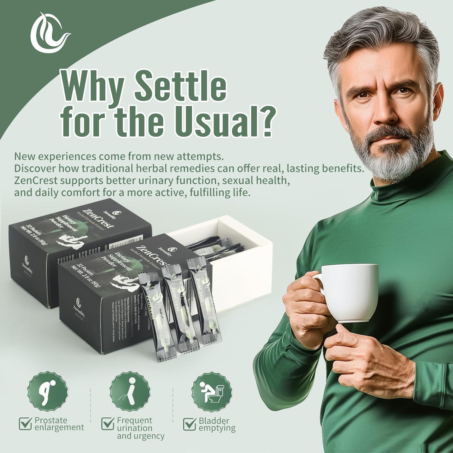 ZenCrest Prostate Supplement: Natural Chinese Herbal Formula, Promotes Healthy Prostate & Urogenital Function, Side Effect-Free (32 Packets)