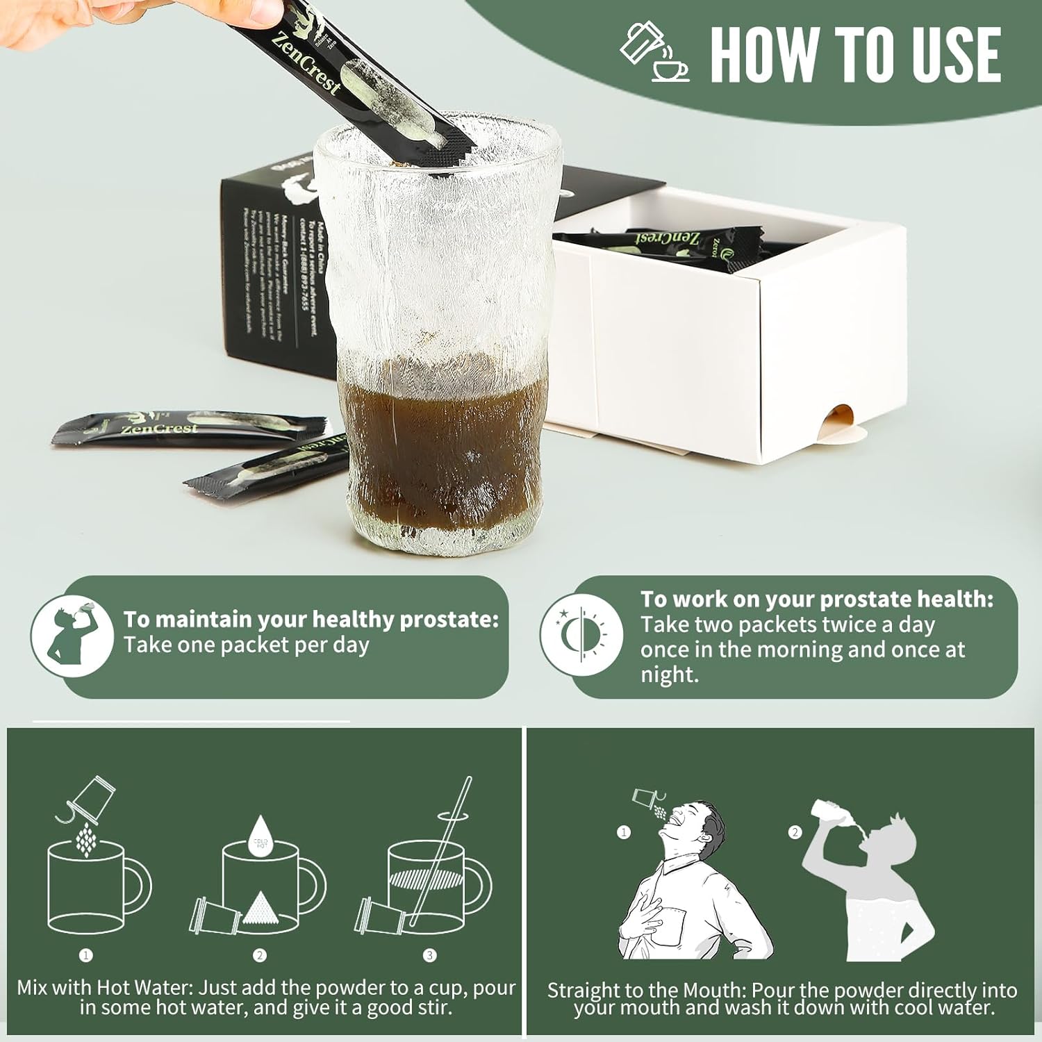 ZenCrest Prostate Supplement: Natural Chinese Herbal Formula, Promotes Healthy Prostate & Urogenital Function, Side Effect-Free (32 Packets)