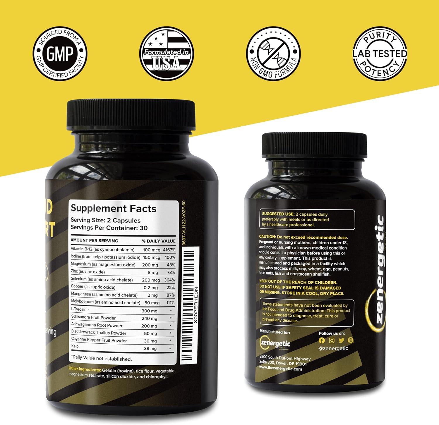 ZENERGETIC Thyroid Support Supplement for Energy, Metabolism & Hormonal Balance - L Tyrosine, Iodine, Ashwagandha, B-12, Magnesium - Non GMO Formula for Men & Women