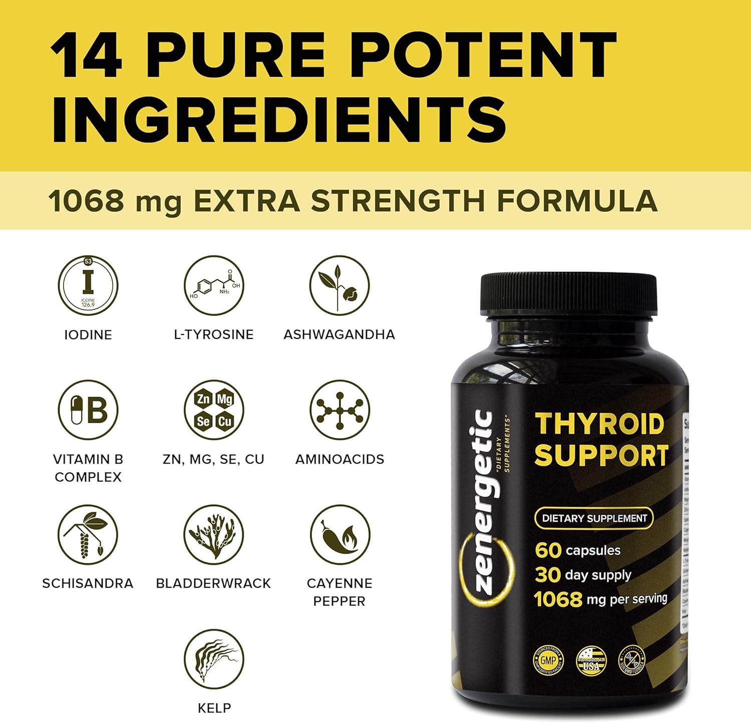 ZENERGETIC Thyroid Support Supplement for Energy, Metabolism & Hormonal Balance - L Tyrosine, Iodine, Ashwagandha, B-12, Magnesium - Non GMO Formula for Men & Women