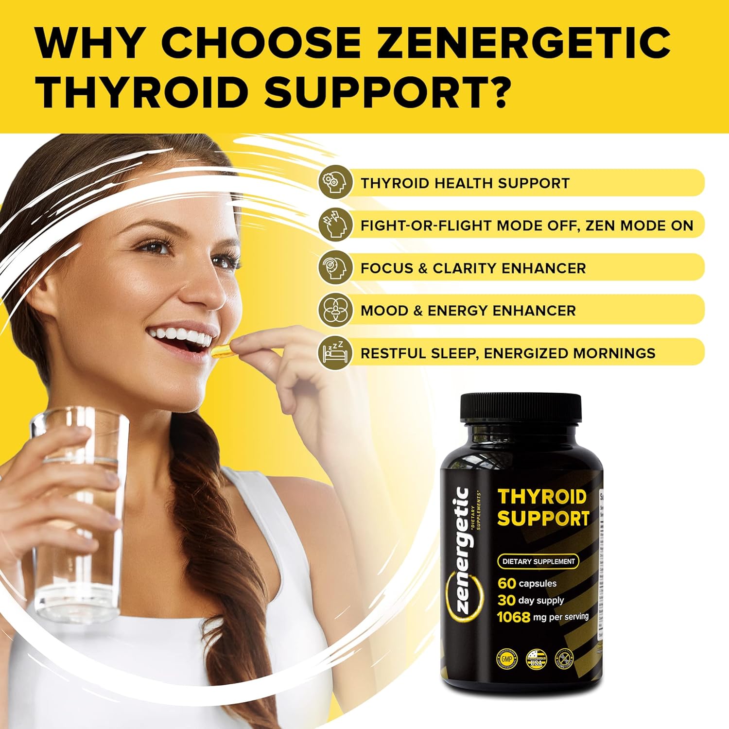 ZENERGETIC Thyroid Support Supplement for Energy, Metabolism & Hormonal Balance - L Tyrosine, Iodine, Ashwagandha, B-12, Magnesium - Non GMO Formula for Men & Women