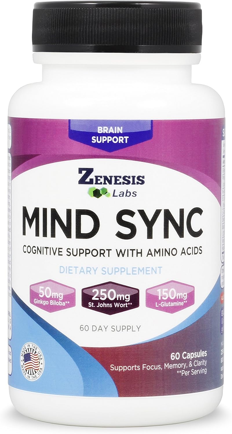 Zenesis Labs Mind SYNC - Natural Brain Support Supplement with Ginkgo Biloba, St John's Wort & L-Glutamine - 60 Capsules