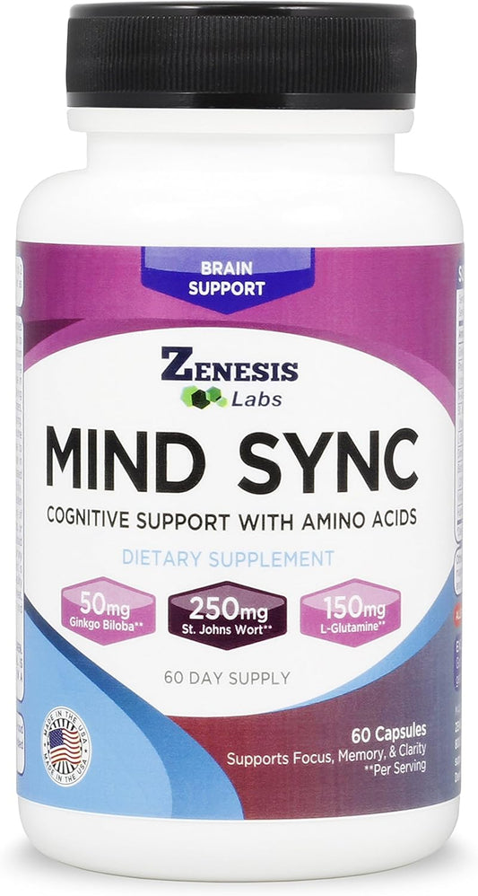 Zenesis Labs Mind SYNC - Natural Brain Support Supplement with Ginkgo Biloba, St John's Wort & L-Glutamine - 60 Capsules