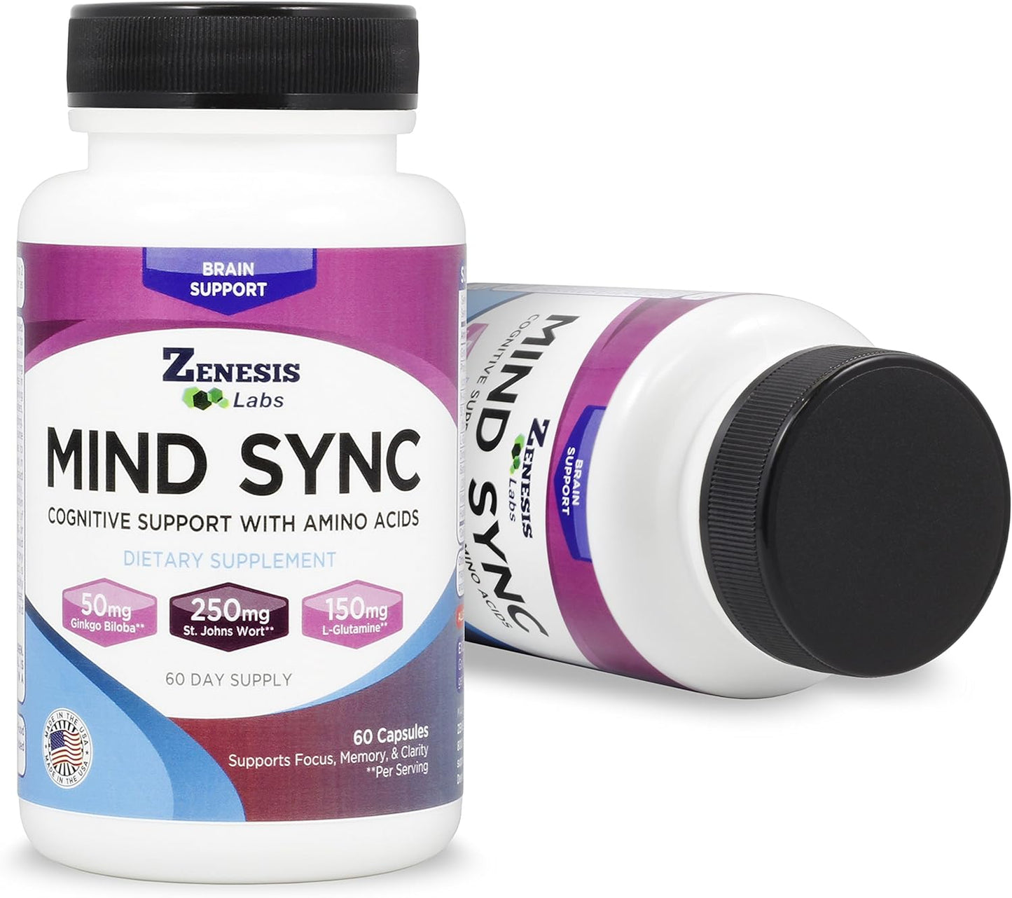 Zenesis Labs Mind SYNC - Natural Brain Support Supplement with Ginkgo Biloba, St John's Wort & L-Glutamine - 60 Capsules