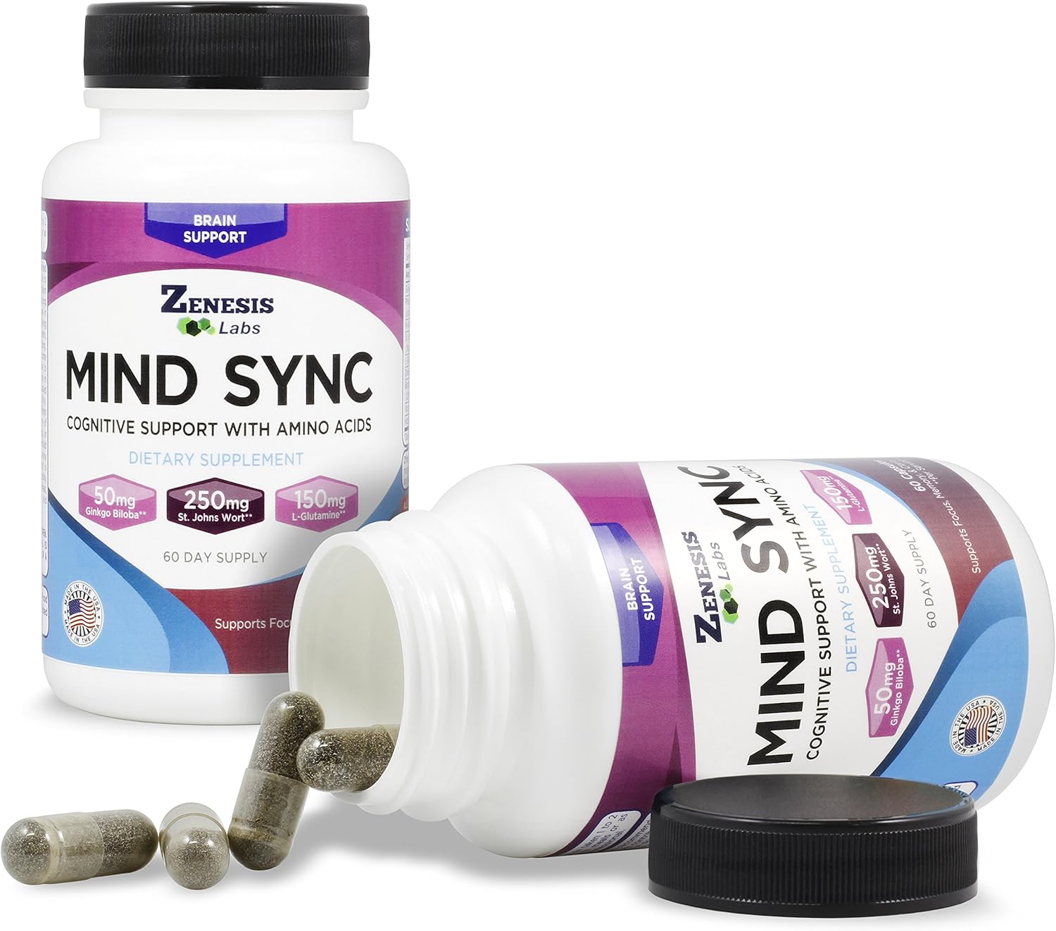 Zenesis Labs Mind SYNC - Natural Brain Support Supplement with Ginkgo Biloba, St John's Wort & L-Glutamine - 60 Capsules