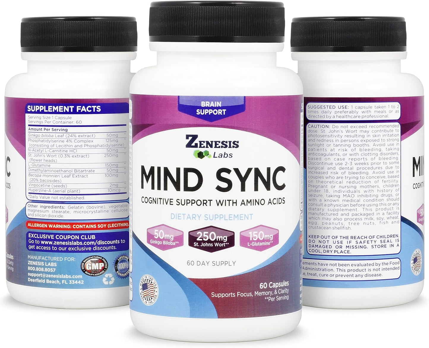Zenesis Labs Mind SYNC - Natural Brain Support Supplement with Ginkgo Biloba, St John's Wort & L-Glutamine - 60 Capsules