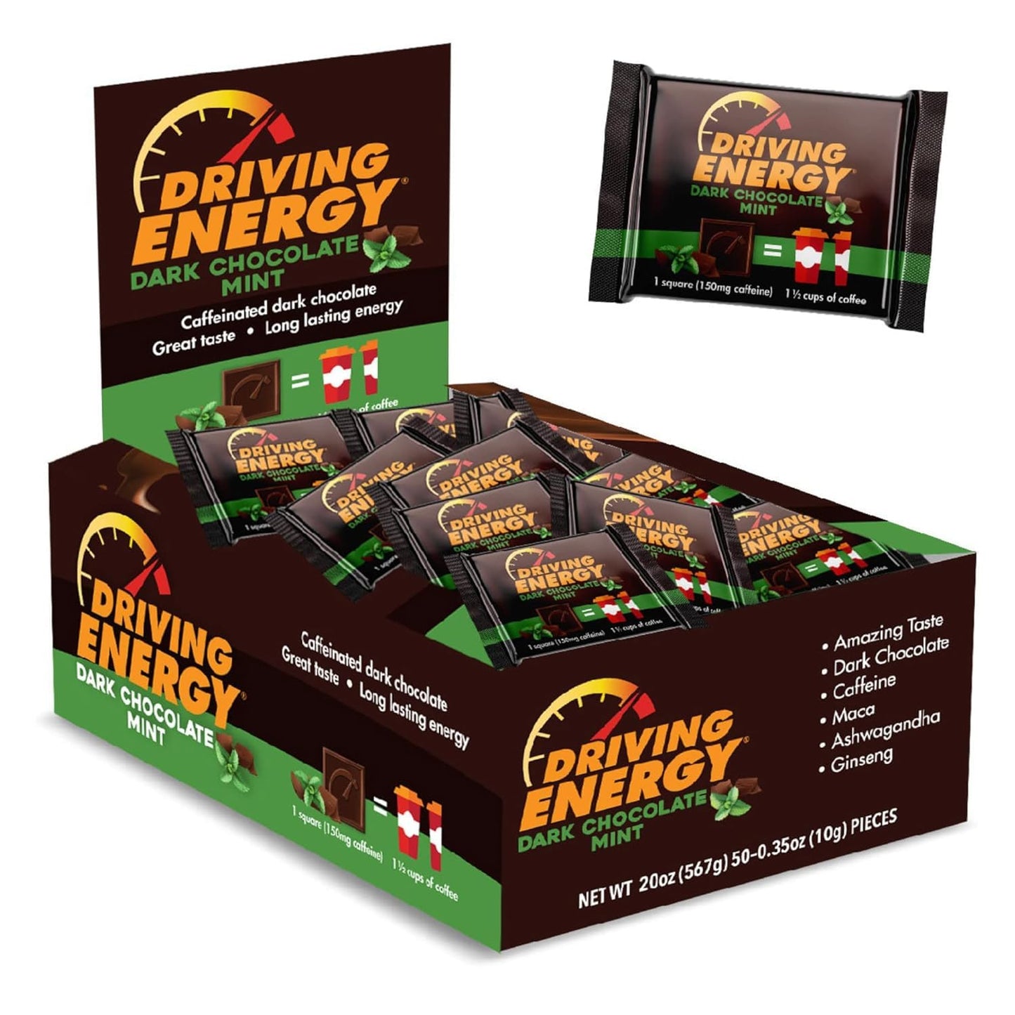 ZenEvo Driving Energy Dark Chocolate Mint Caffeinated Energy Bites - 150mg Caffeine for Long-Lasting Gym Energy - Low Carb Healthy Snack - 50 Count