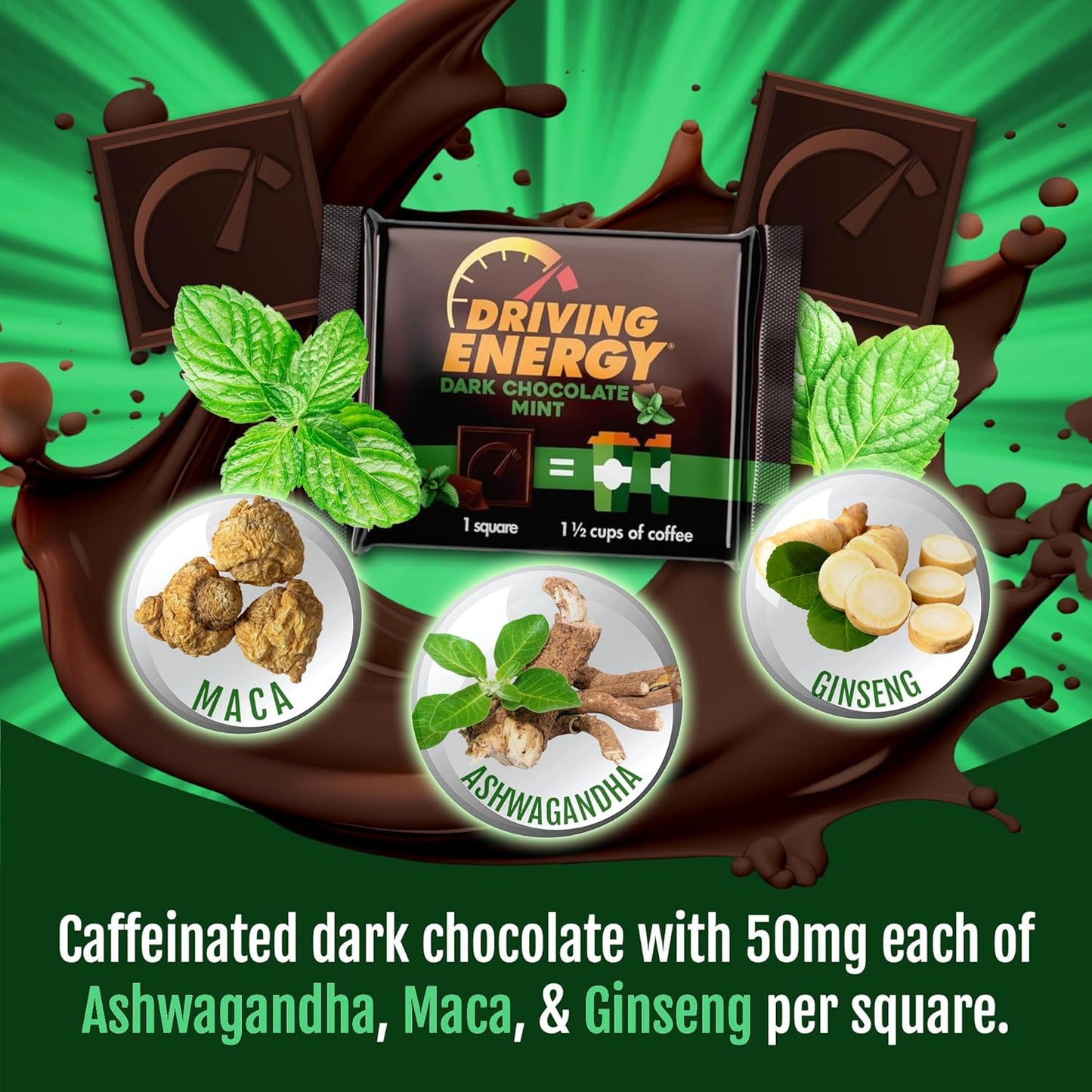 ZenEvo Driving Energy Dark Chocolate Mint Caffeinated Energy Bites - 150mg Caffeine for Long-Lasting Gym Energy - Low Carb Healthy Snack - 50 Count