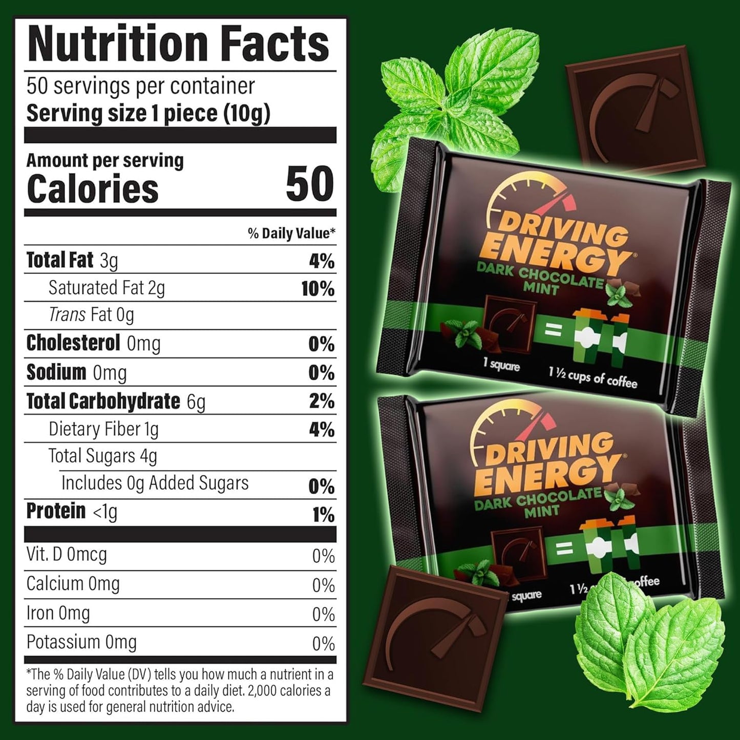 ZenEvo Driving Energy Dark Chocolate Mint Caffeinated Energy Bites - 150mg Caffeine for Long-Lasting Gym Energy - Low Carb Healthy Snack - 50 Count