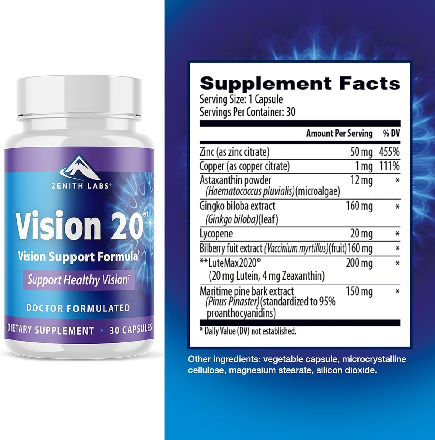 Zenith Labs Vision 20 Eye Vitamins - Carotenoid Blend with Lutein, Zeaxanthin, and Bilberry Extract - Promotes Eye Health and Reduces Eye Strain - Pack of 3