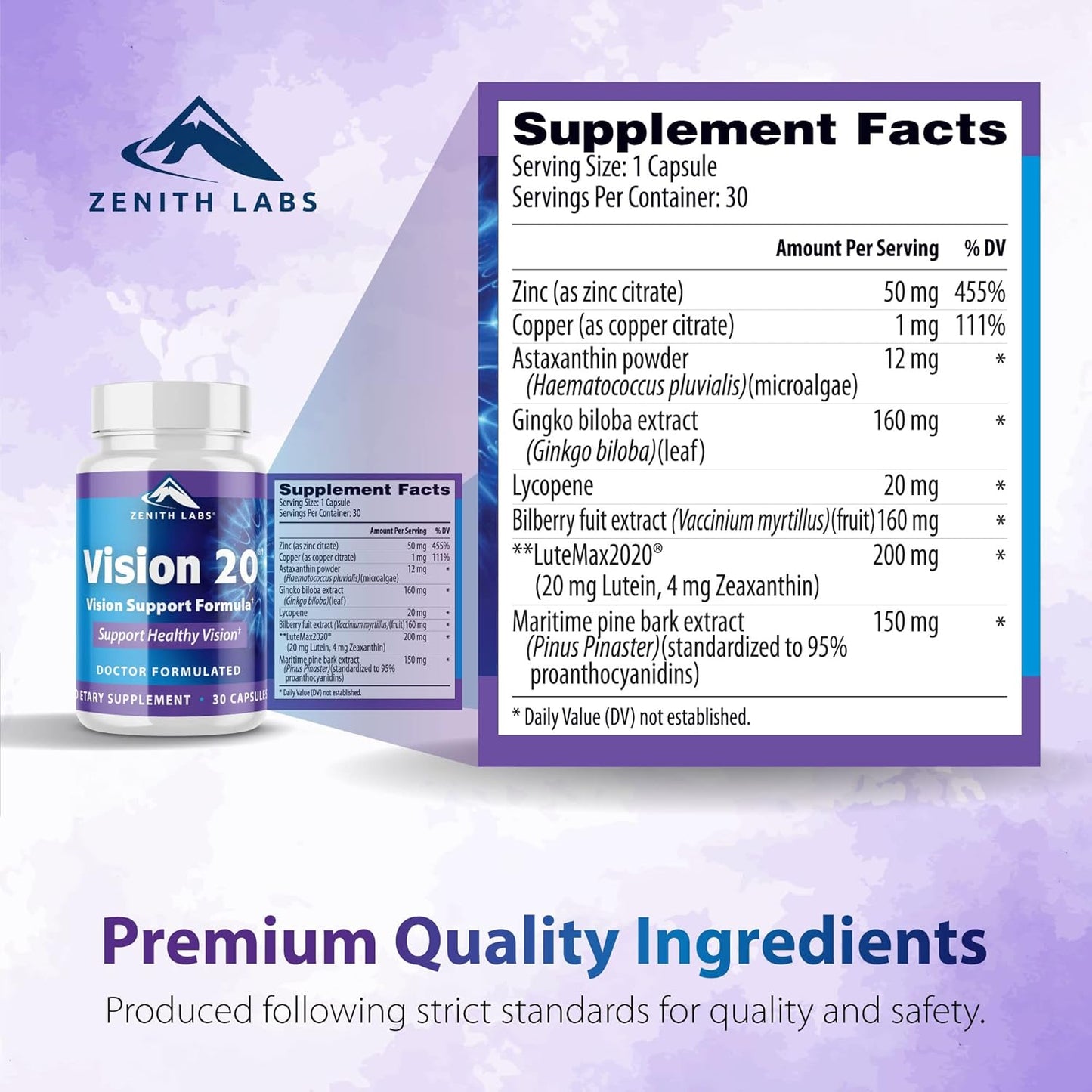 Zenith Labs Vision 20 Eye Vitamins - Carotenoid Blend with Lutein, Zeaxanthin, and Bilberry Extract - Promotes Eye Health and Reduces Eye Strain - Pack of 3