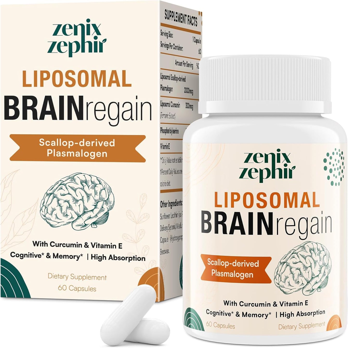 ZenixZephir Liposomal Brain Supplements with Plasmalogen, Curcumin & Vitamin E - Enhanced Absorption for Memory & Focus - Ideal for Seniors, Men & Women - Cognitive Health Booster - 60 Servings