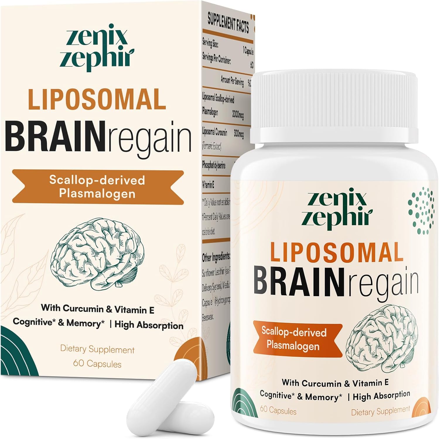 ZenixZephir Liposomal Brain Supplements with Plasmalogen, Curcumin & Vitamin E - Enhanced Absorption for Memory & Focus - Ideal for Seniors, Men & Women - Cognitive Health Booster - 60 Servings