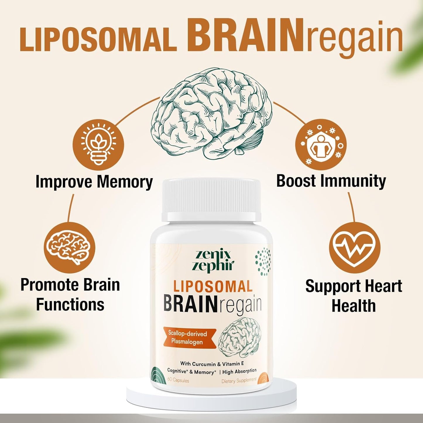 ZenixZephir Liposomal Brain Supplements with Plasmalogen, Curcumin & Vitamin E - Enhanced Absorption for Memory & Focus - Ideal for Seniors, Men & Women - Cognitive Health Booster - 60 Servings