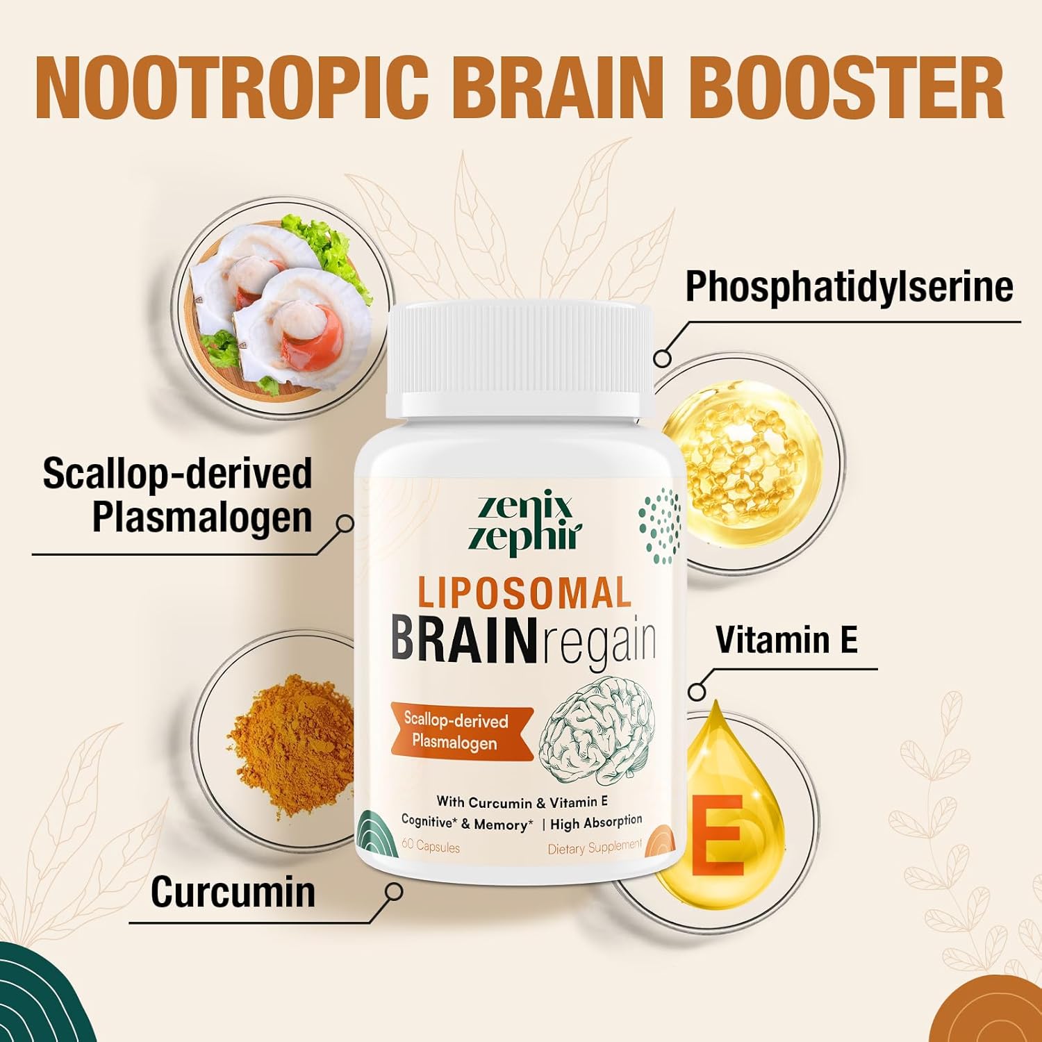 ZenixZephir Liposomal Brain Supplements with Plasmalogen, Curcumin & Vitamin E - Enhanced Absorption for Memory & Focus - Ideal for Seniors, Men & Women - Cognitive Health Booster - 60 Servings