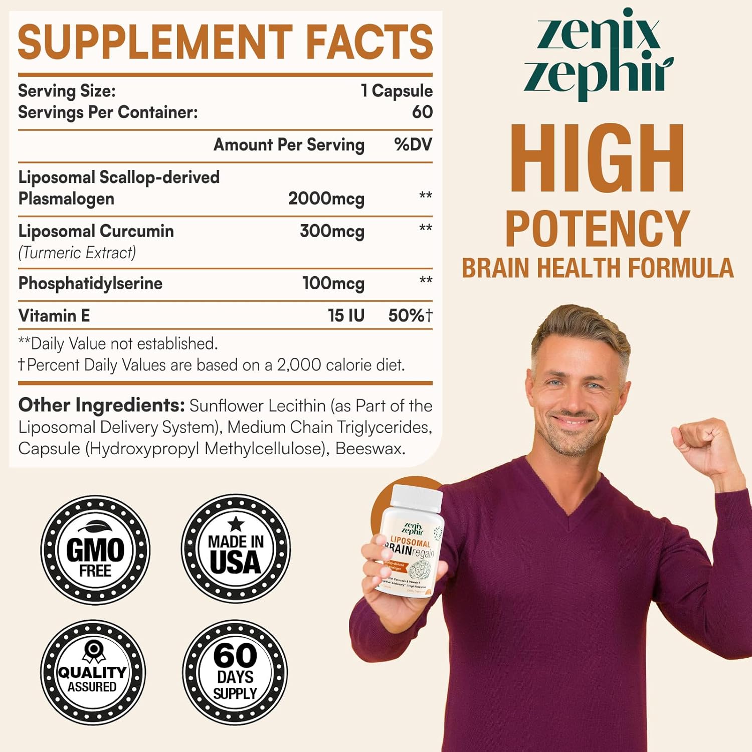 ZenixZephir Liposomal Brain Supplements with Plasmalogen, Curcumin & Vitamin E - Enhanced Absorption for Memory & Focus - Ideal for Seniors, Men & Women - Cognitive Health Booster - 60 Servings