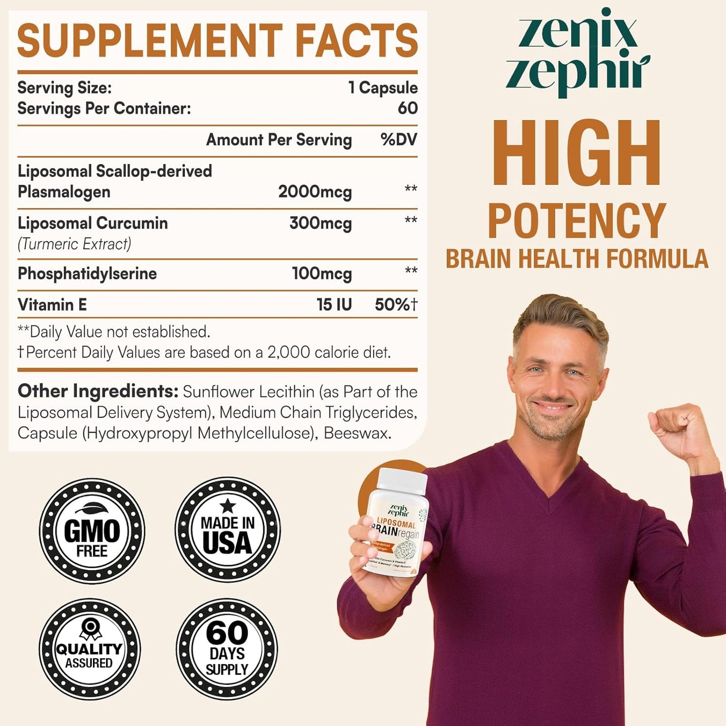 ZenixZephir Liposomal Brain Supplements with Plasmalogen, Curcumin & Vitamin E - Enhanced Absorption for Memory & Focus - Ideal for Seniors, Men & Women - Cognitive Health Booster - 60 Servings