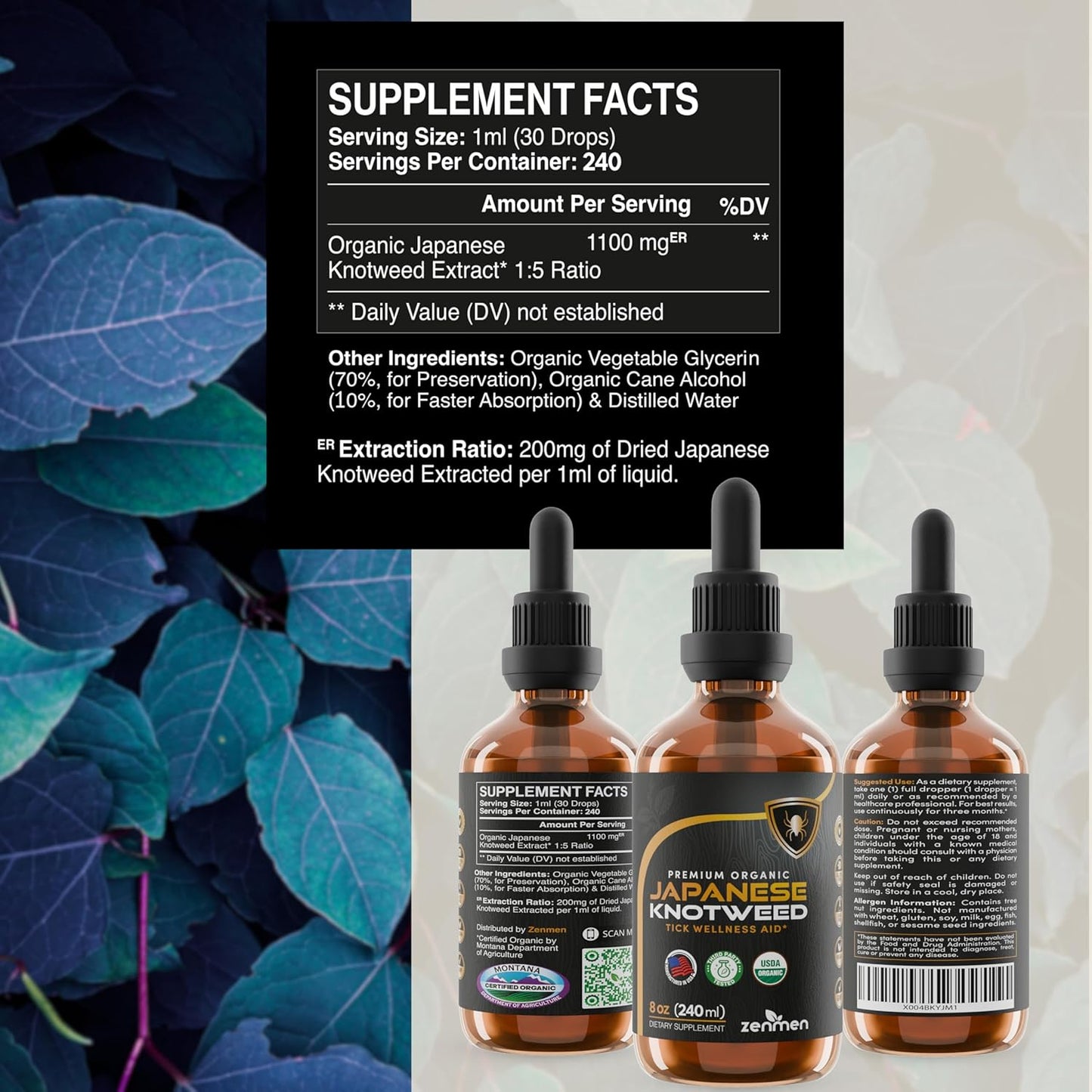 Zenmen Japanese Knotweed Tincture 240ml - Premium USDA Organic, 3rd Party Tested, High Resveratrol - Immune Support - Made in USA