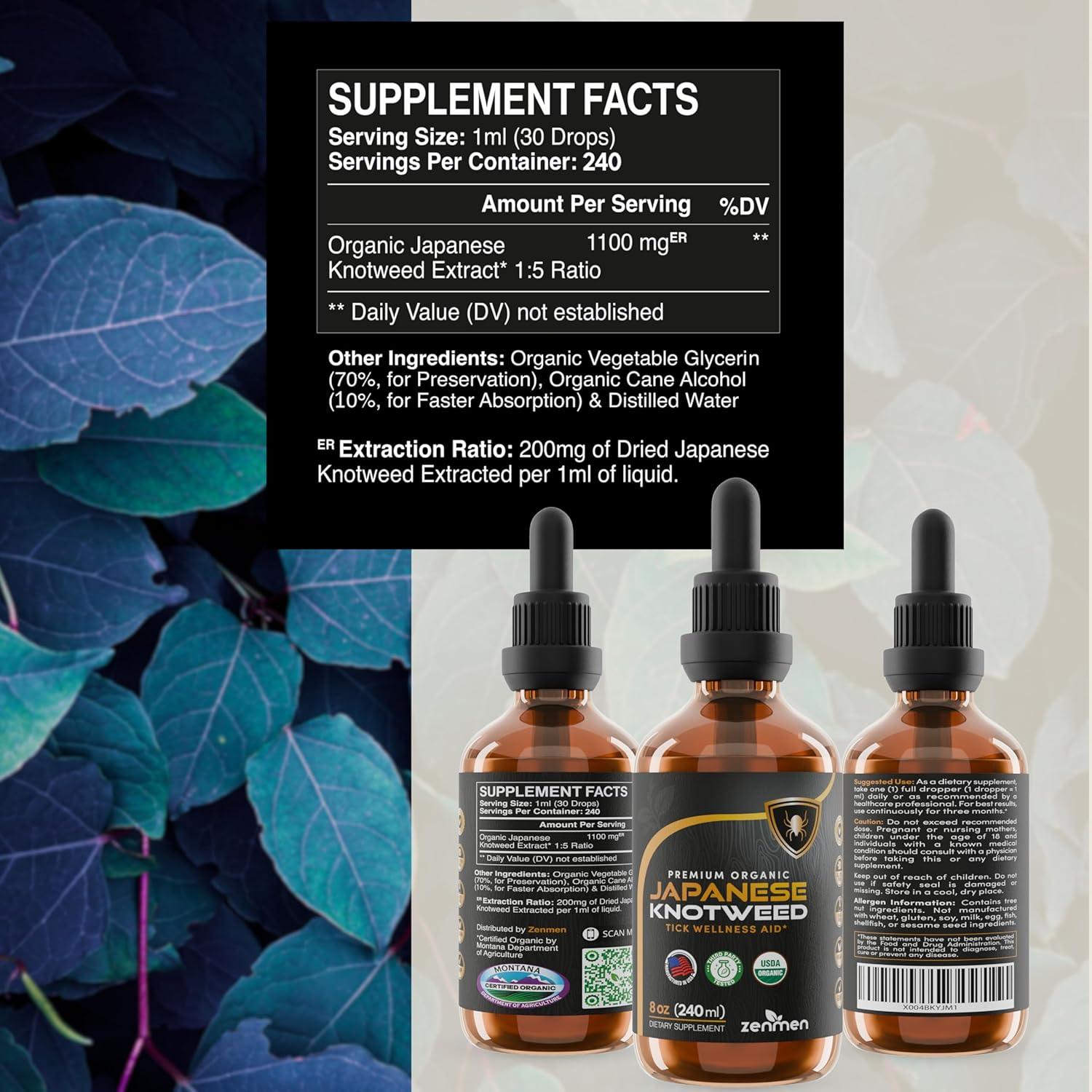 Zenmen Japanese Knotweed Tincture 240ml - Premium USDA Organic, 3rd Party Tested, High Resveratrol - Immune Support - Made in USA