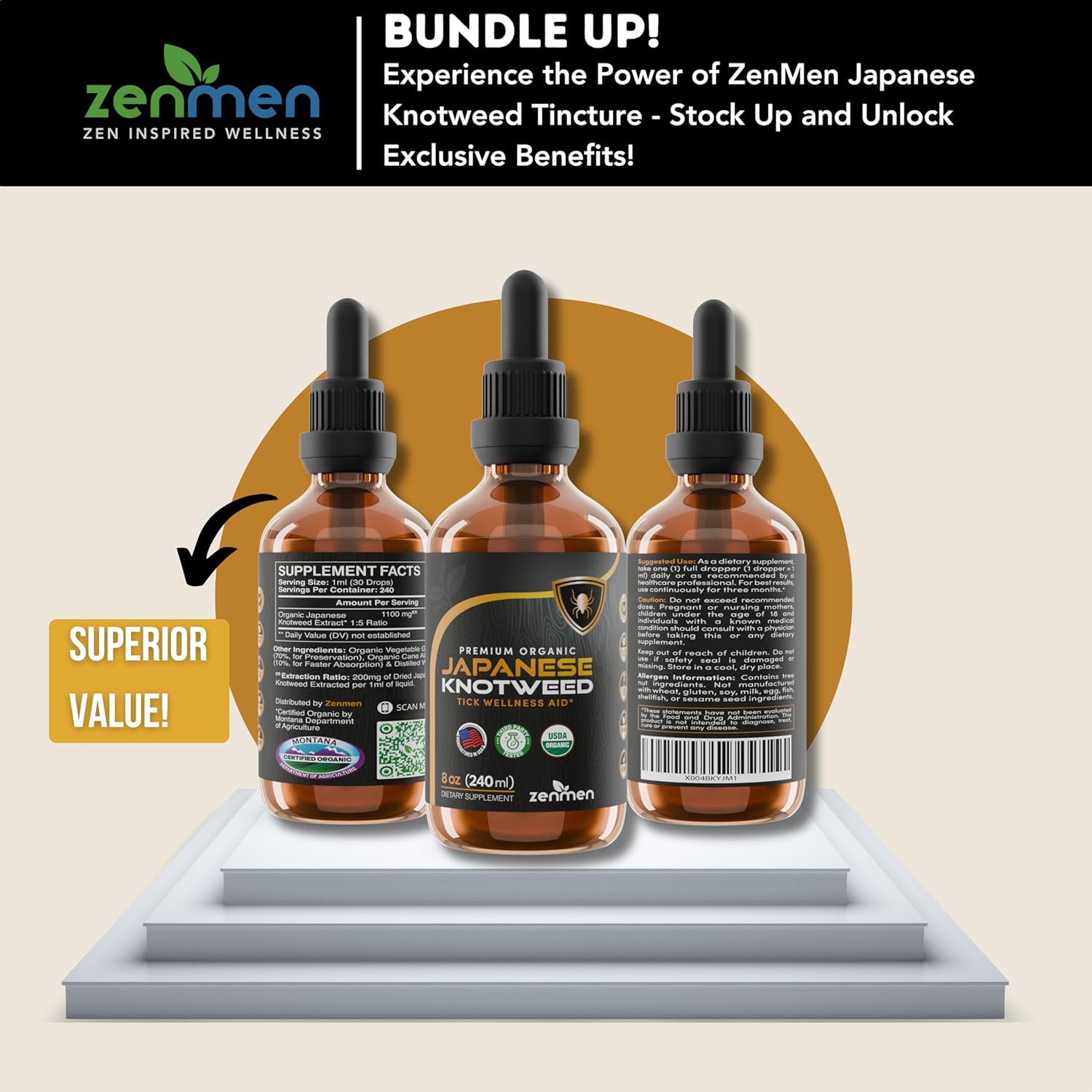 Zenmen Japanese Knotweed Tincture 240ml - Premium USDA Organic, 3rd Party Tested, High Resveratrol - Immune Support - Made in USA