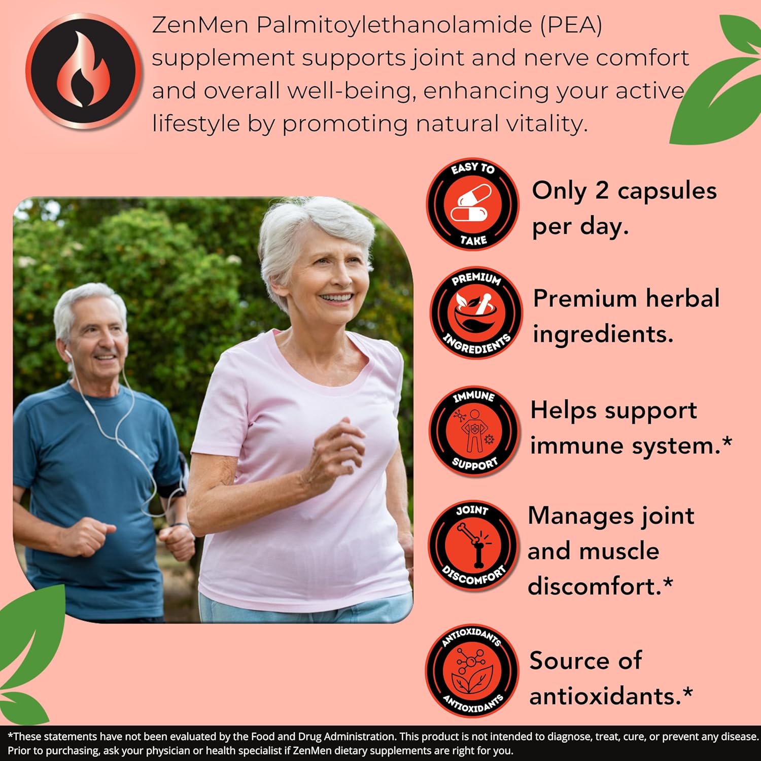 Zenmen Palmitoylethanolamide (PEA) 600mg Capsules with Luteolin, White Willow Bark, Magnesium - Supports Immune & Nervous Systems, Joints & Sciatic Nerve - 60 Vegan Capsules, Third Party Tested